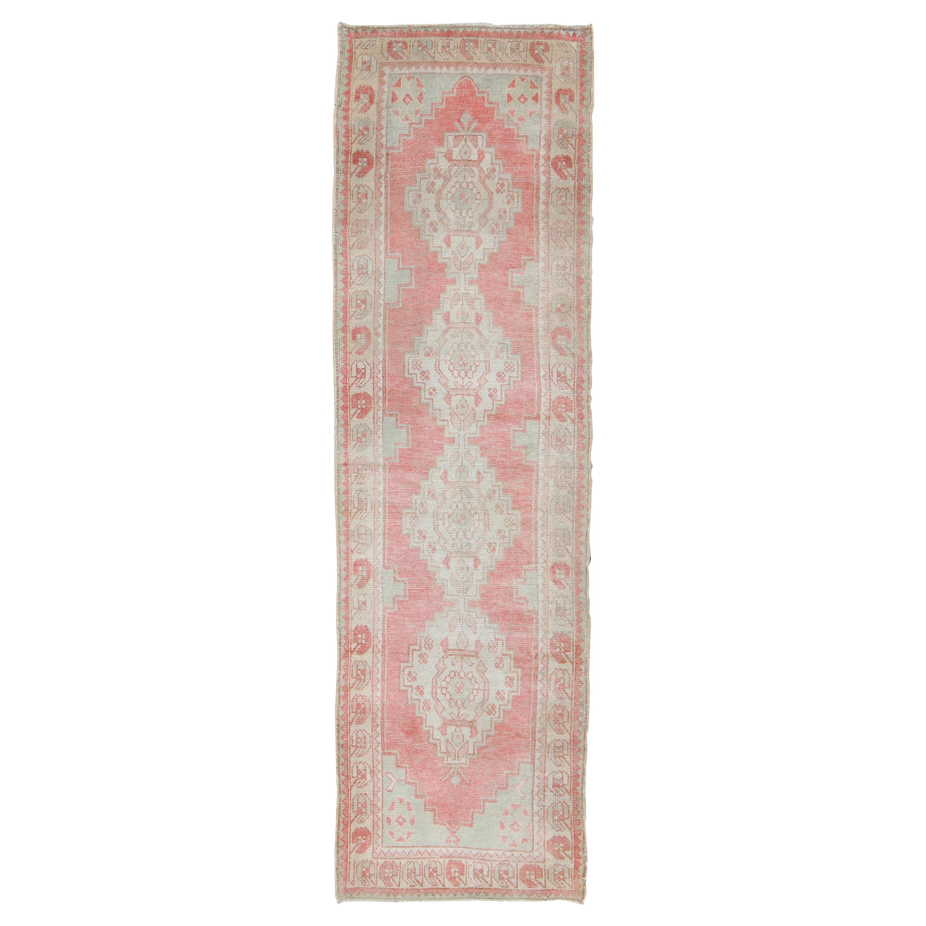Vintage Turkish Oushak Runner with Multi-Medallion Design in Muted Red and Ivory For Sale