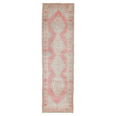 Vintage Turkish Oushak Runner with Multi-Medallion Design in Muted Red and Ivory