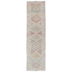 Vintage Turkish Oushak Runner with Multi-Medallion Design in Pink & Muted Tones