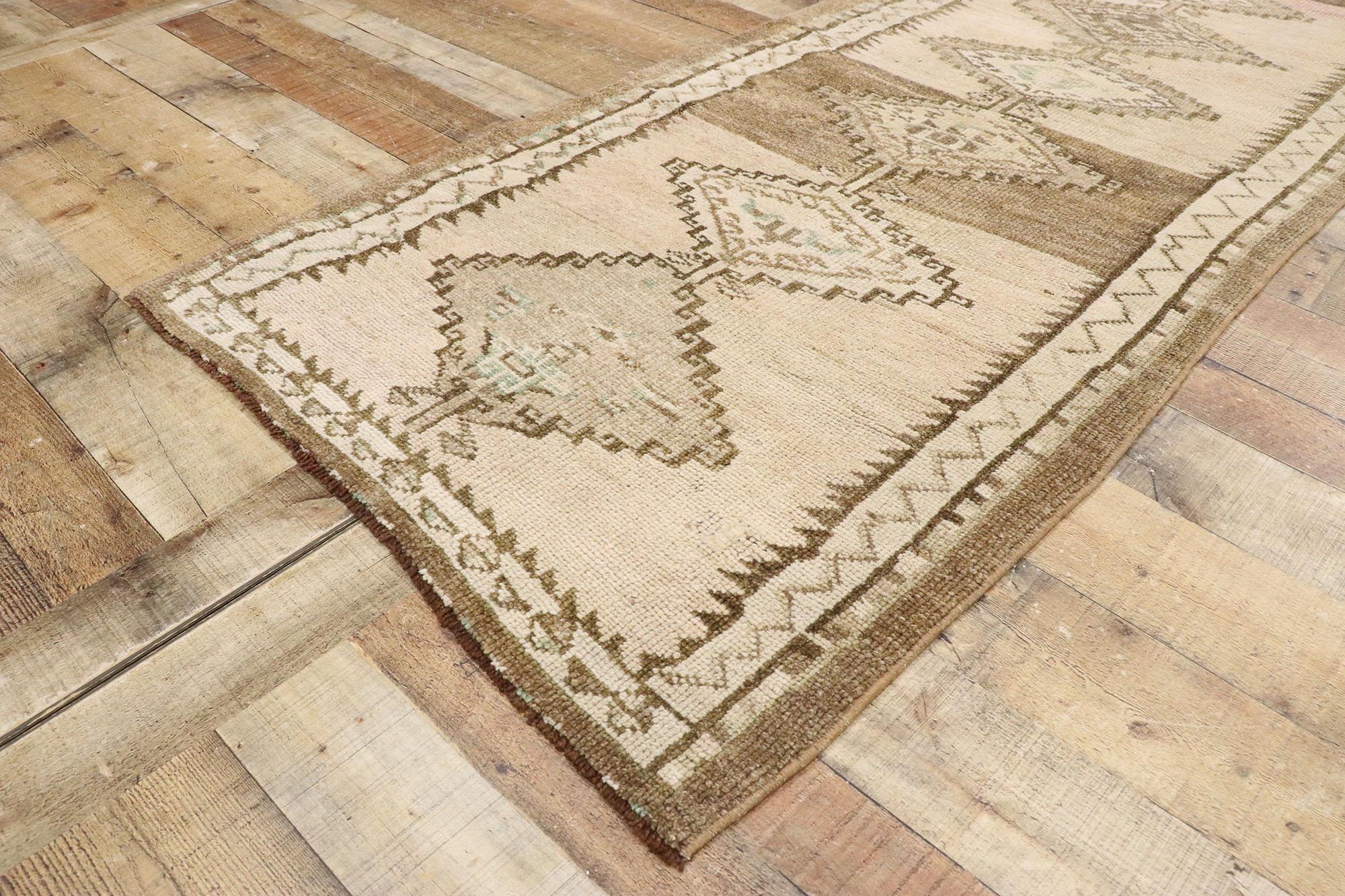 Wool Vintage Turkish Oushak Runner with Neutral Boho Chic Tribal Style For Sale