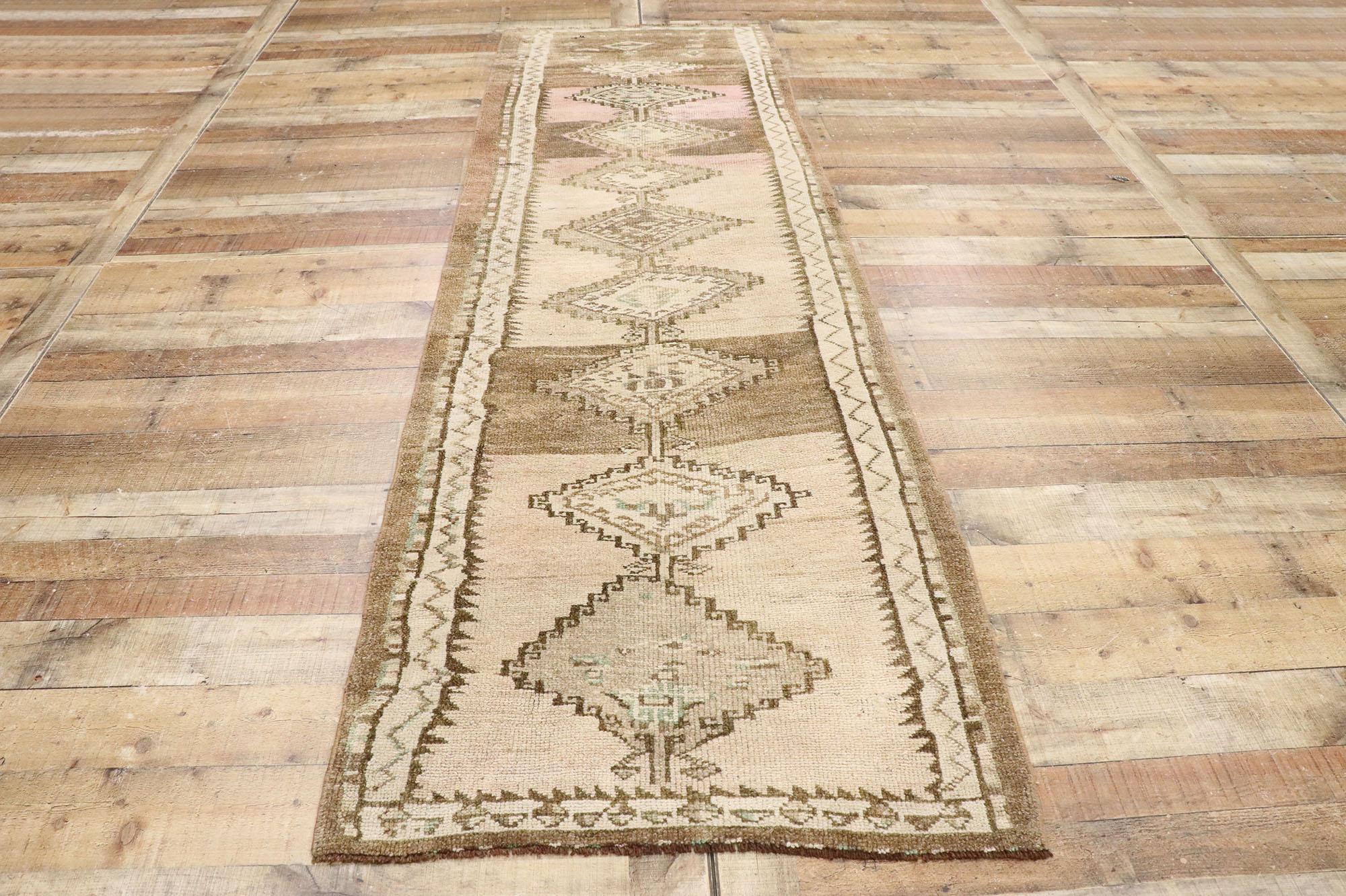 Vintage Turkish Oushak Runner with Neutral Boho Chic Tribal Style For Sale 1