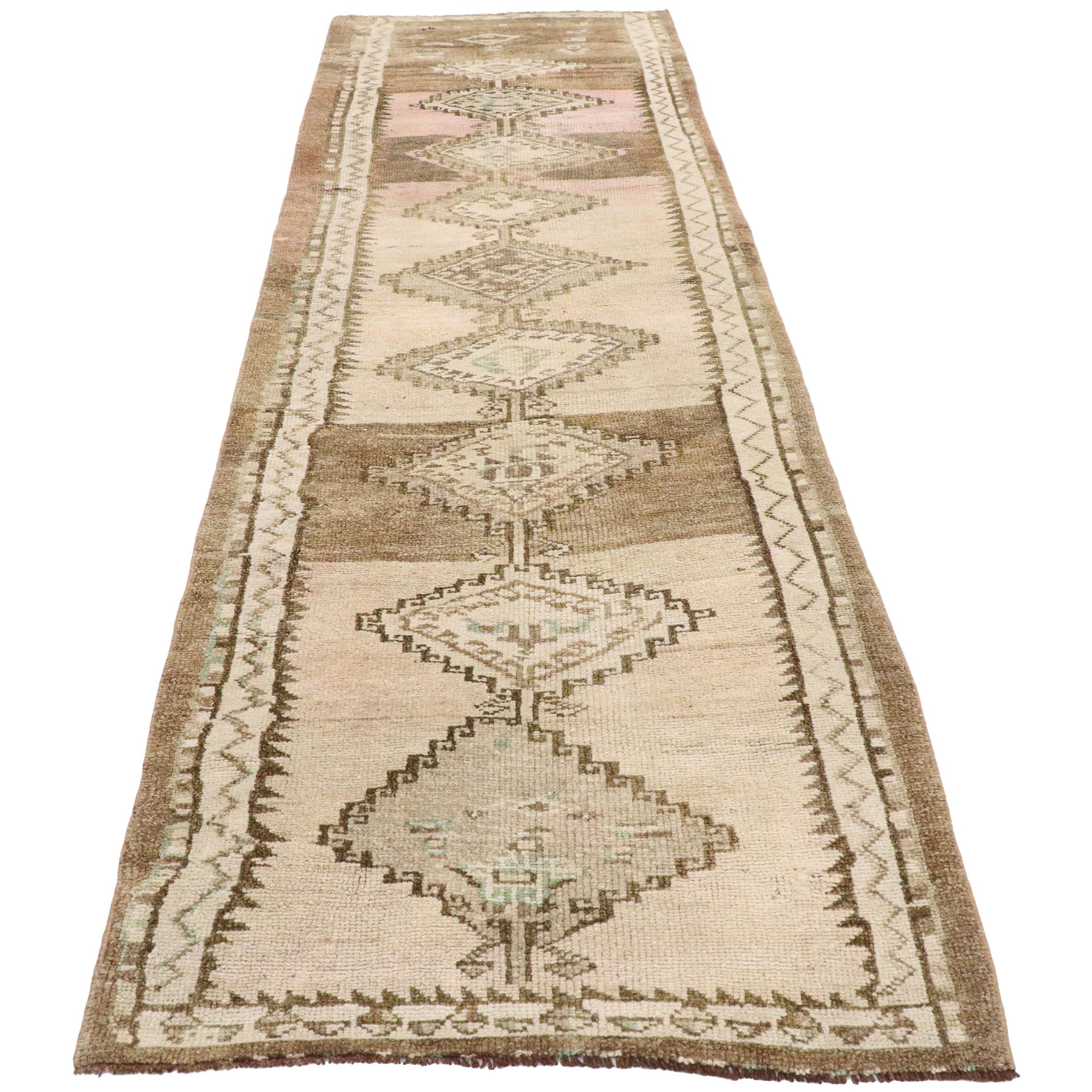 Hand-Knotted Vintage Turkish Oushak Runner with Neutral Boho Chic Tribal Style For Sale