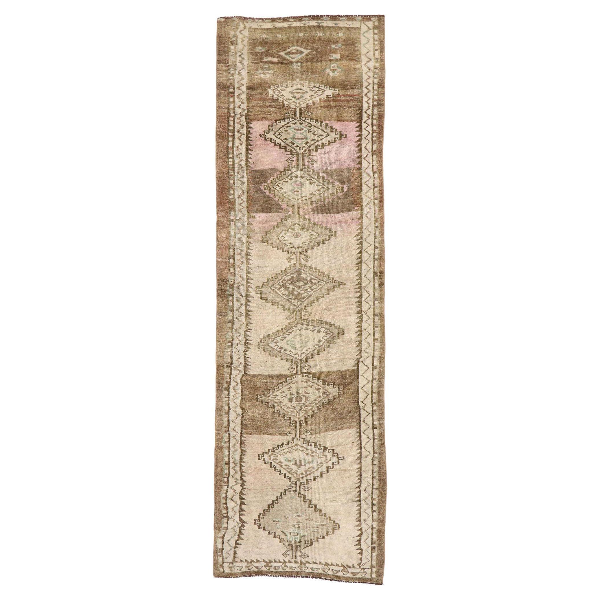 Vintage Turkish Oushak Runner with Neutral Boho Chic Tribal Style For Sale
