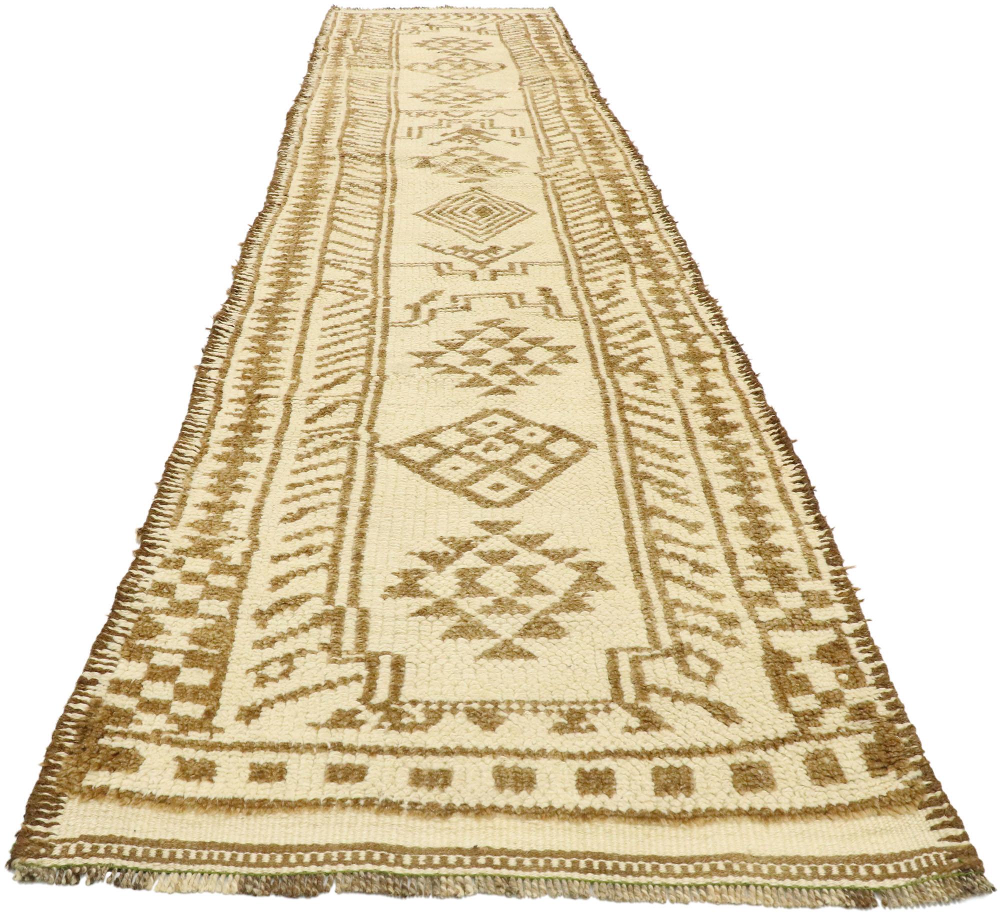 Hand-Knotted Vintage Turkish Oushak Runner with Neutral Navajo Style For Sale
