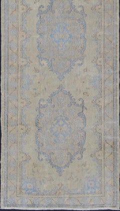 Vintage Turkish Oushak Runner with Pale Sky Blue Medallions on a Soft Beige