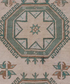 Vintage Turkish Oushak Runner with Repeating Geometric Design in Tan and Green