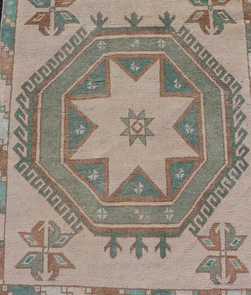 Hand-Knotted Vintage Turkish Oushak Runner with Repeating Geometric Design in Tan and Green For Sale