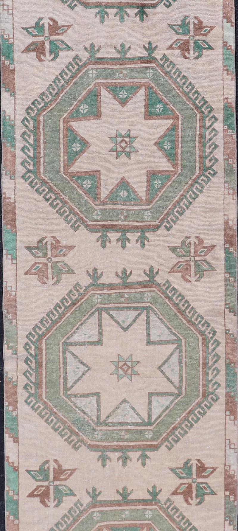 20th Century Vintage Turkish Oushak Runner with Repeating Geometric Design in Tan and Green For Sale