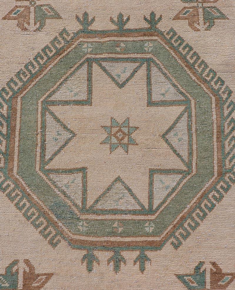 Vintage Turkish Oushak Runner with Repeating Geometric Design in Tan and Green For Sale 3