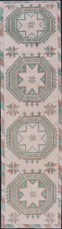 Vintage Turkish Oushak Runner with Repeating Geometric Design in Tan and Green