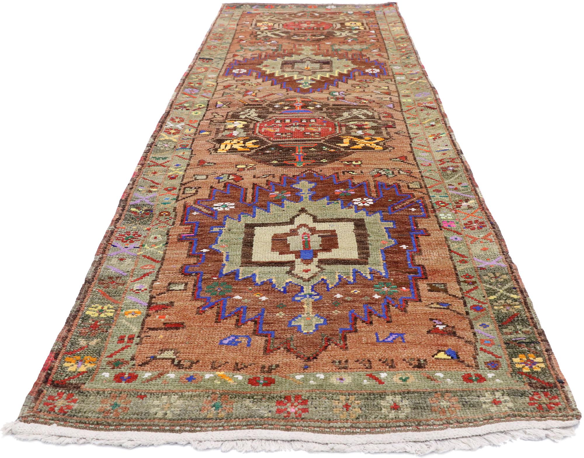 Hand-Knotted Vintage Turkish Oushak Runner with Retro Art Deco Style For Sale