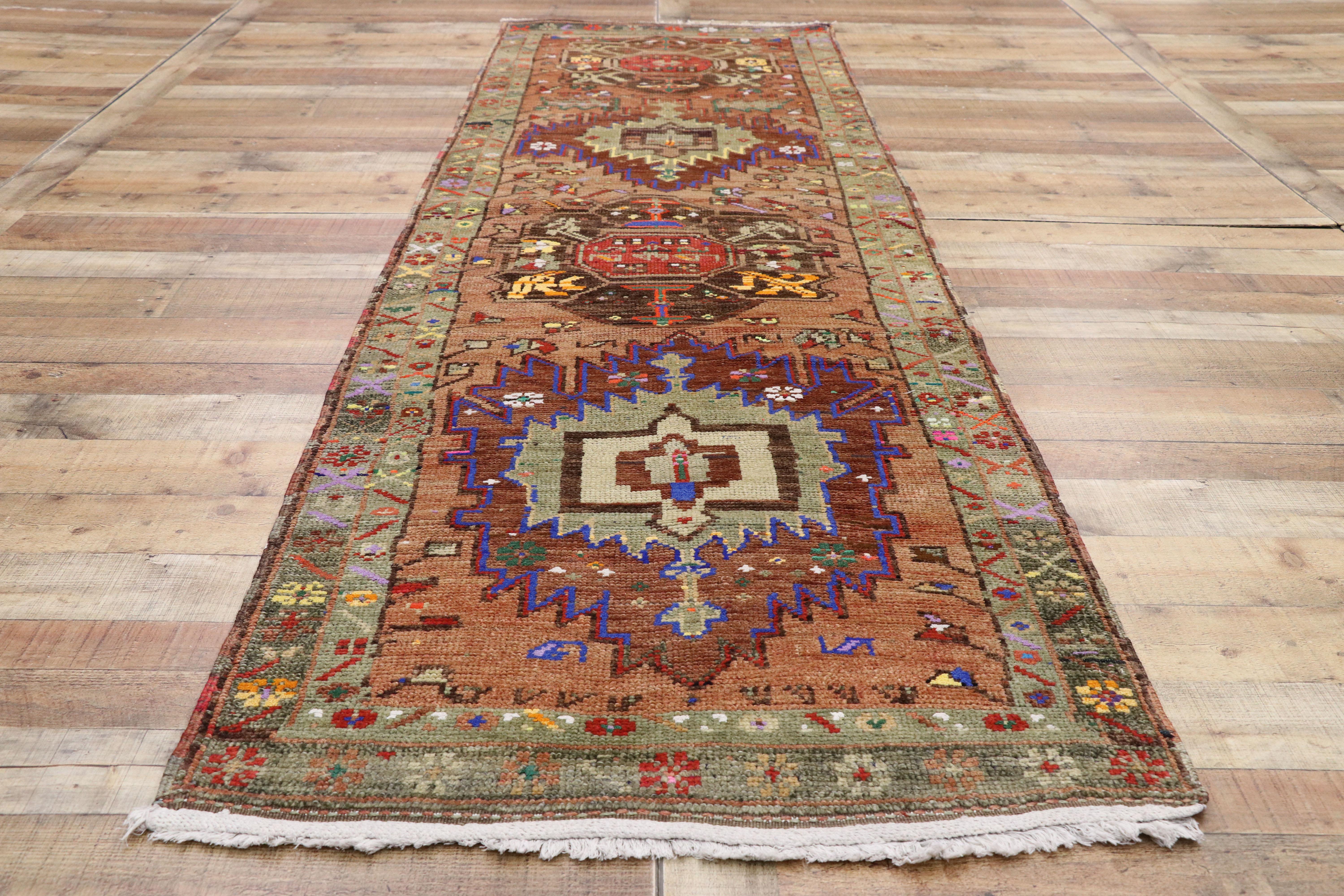 Vintage Turkish Oushak Runner with Retro Art Deco Style For Sale 1