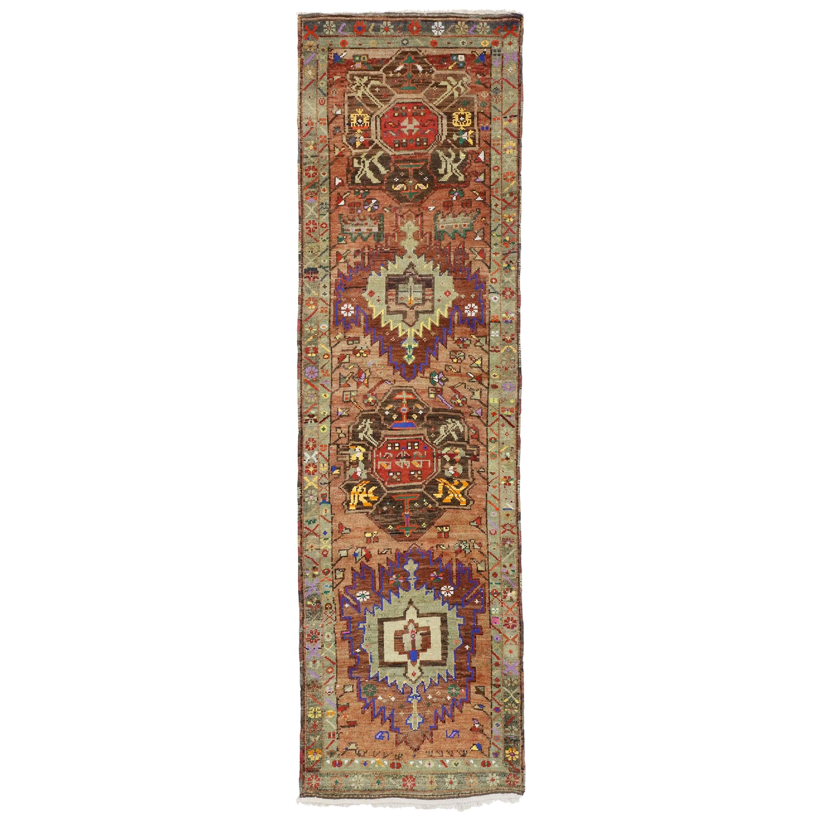 Vintage Turkish Oushak Runner with Retro Art Deco Style For Sale