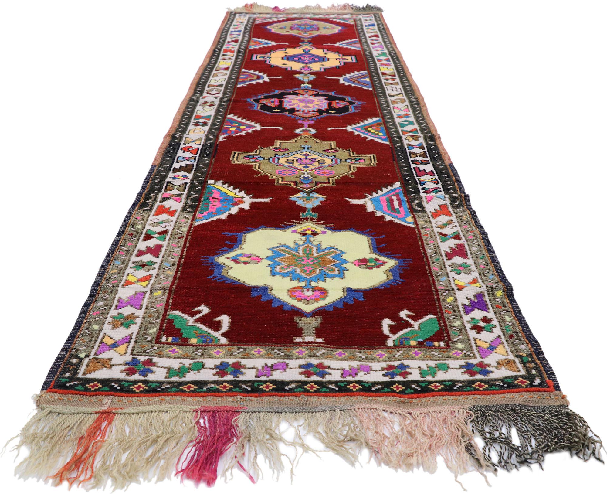 Hand-Knotted Vintage Turkish Oushak Runner with Retro Bold Art Deco Style For Sale