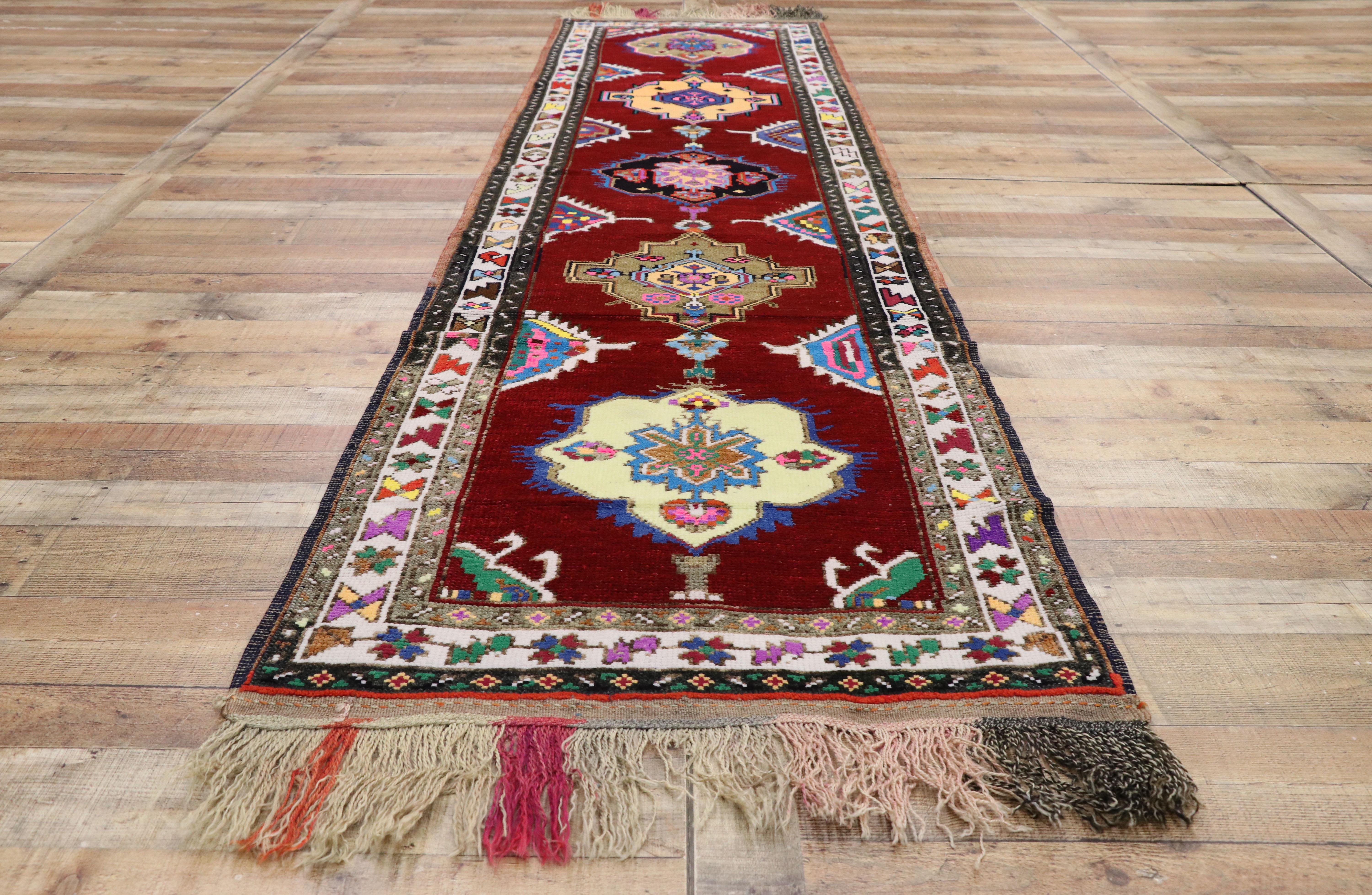 Vintage Turkish Oushak Runner with Retro Bold Art Deco Style For Sale 1