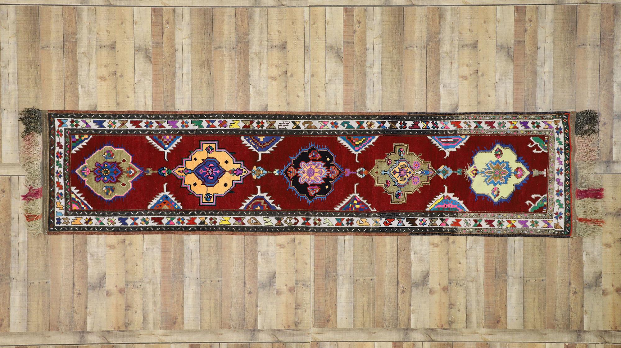 Vintage Turkish Oushak Runner with Retro Bold Art Deco Style For Sale 2