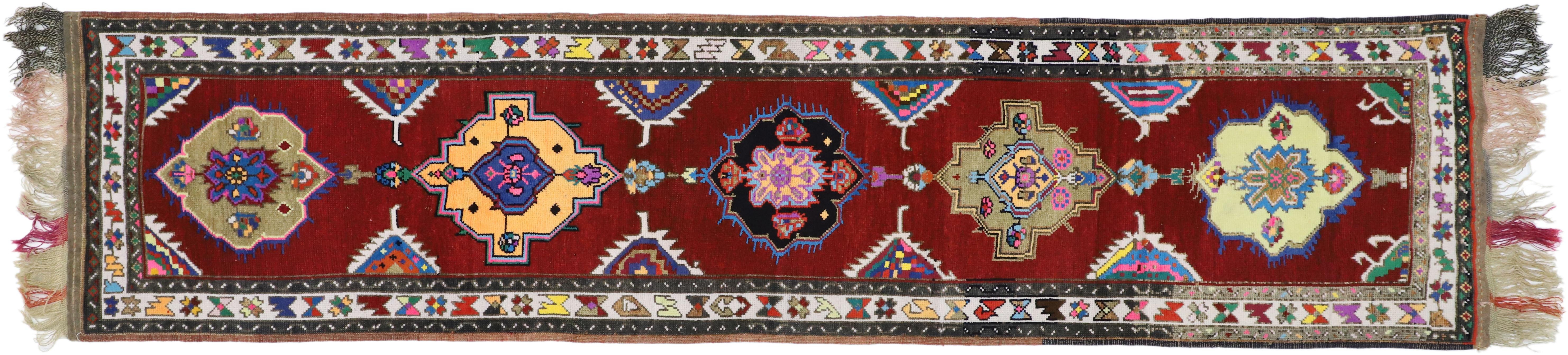 Vintage Turkish Oushak Runner with Retro Bold Art Deco Style For Sale 3
