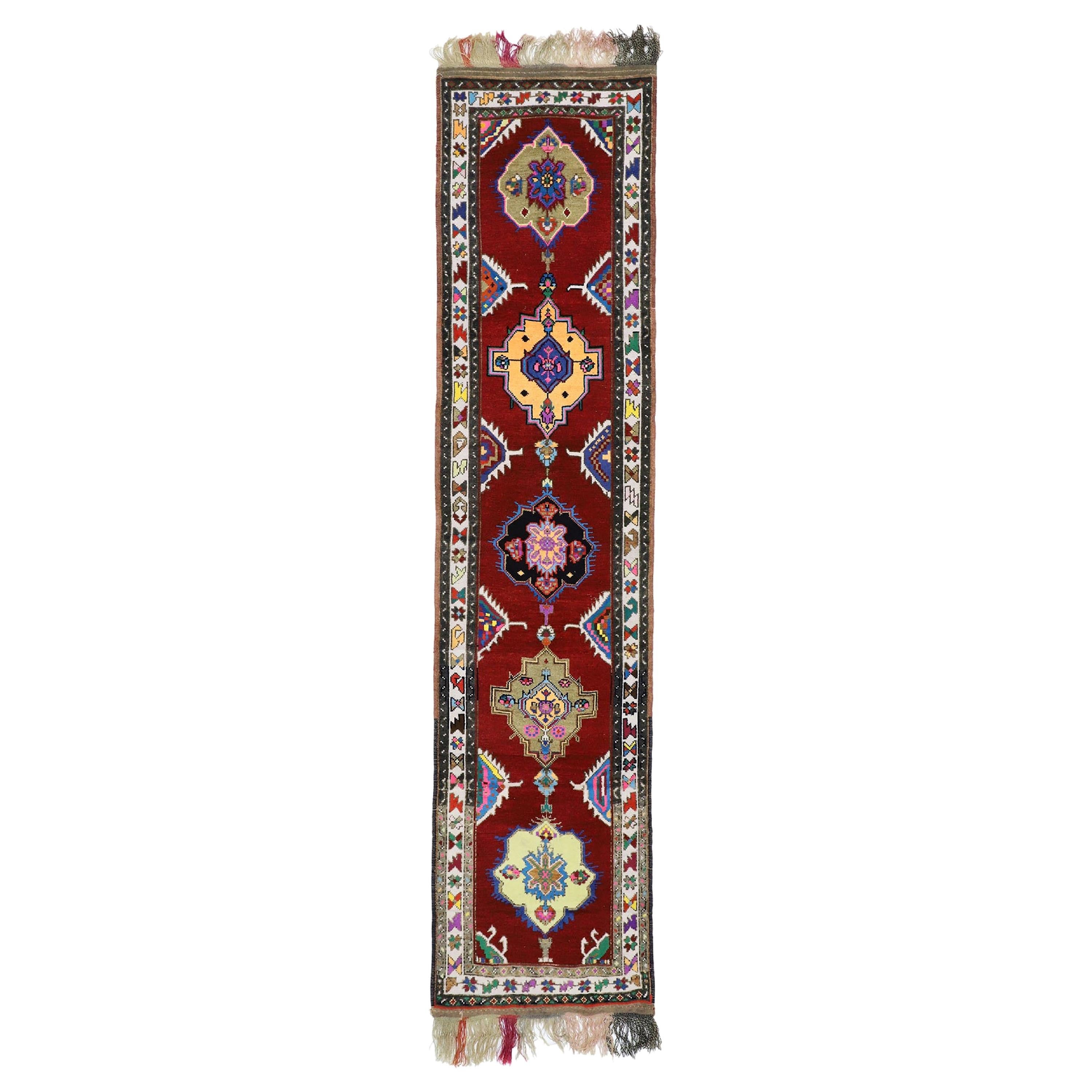 Vintage Turkish Oushak Runner with Retro Bold Art Deco Style For Sale
