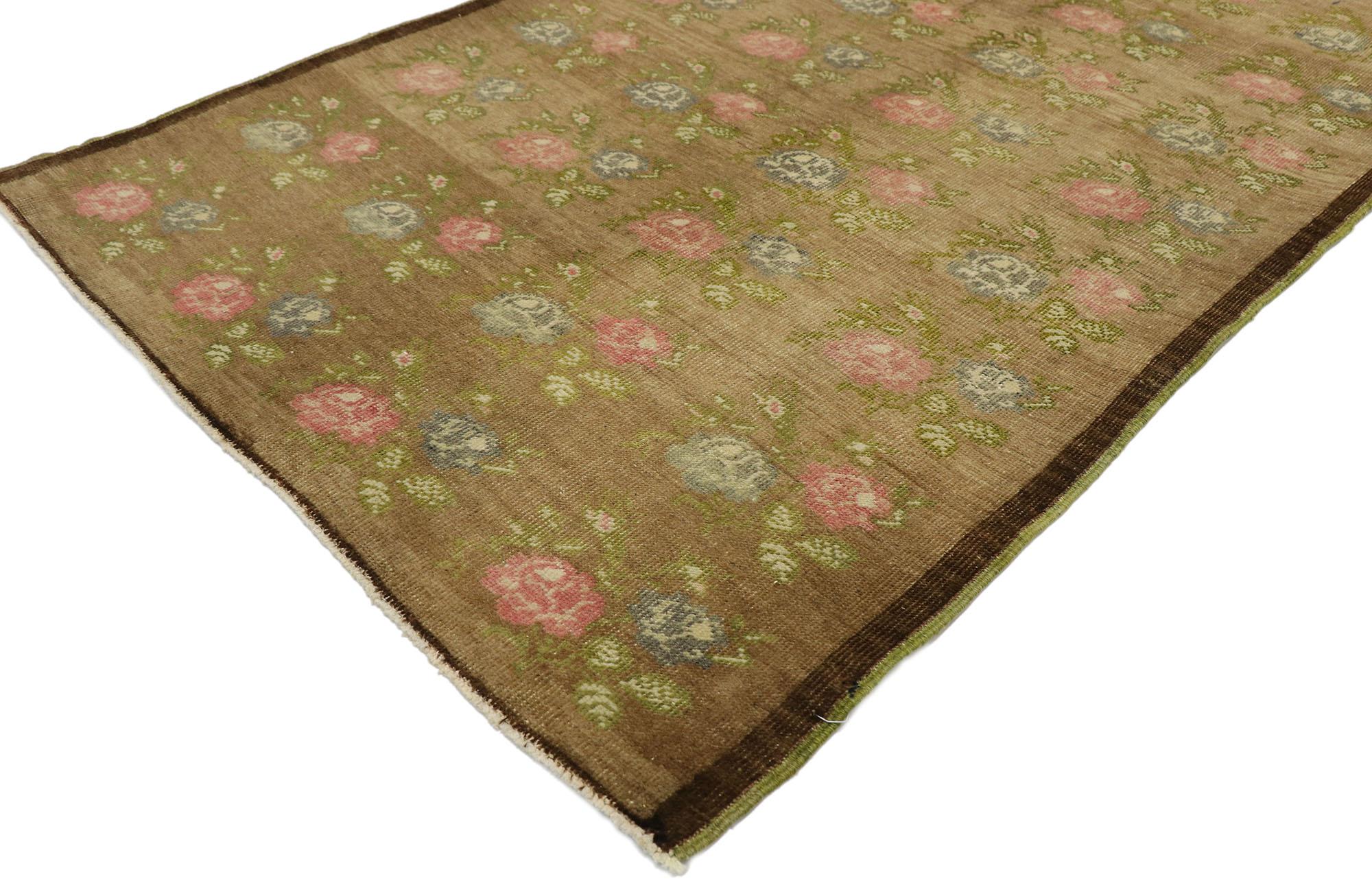 Hand-Knotted Vintage Turkish Oushak Runner with Romantic English Cottage Style