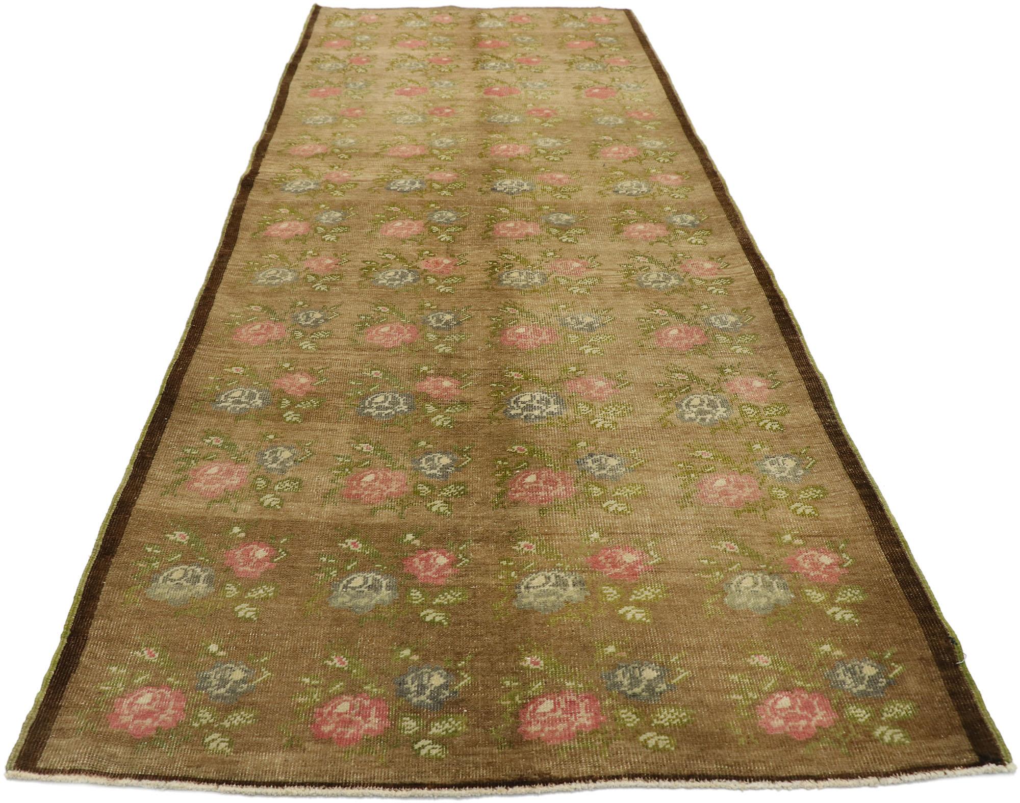Vintage Turkish Oushak Runner with Romantic English Cottage Style In Good Condition In Dallas, TX