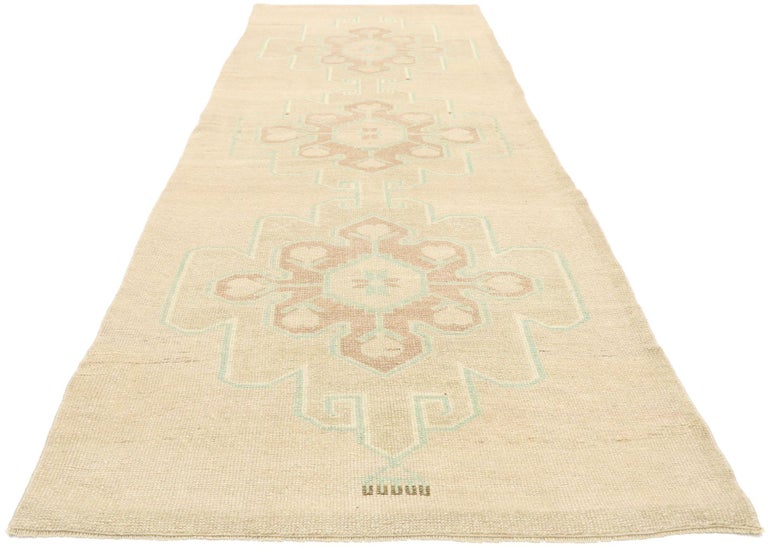 Hand-Knotted Vintage Turkish Oushak Runner with Romantic French Country Cottage Style For Sale