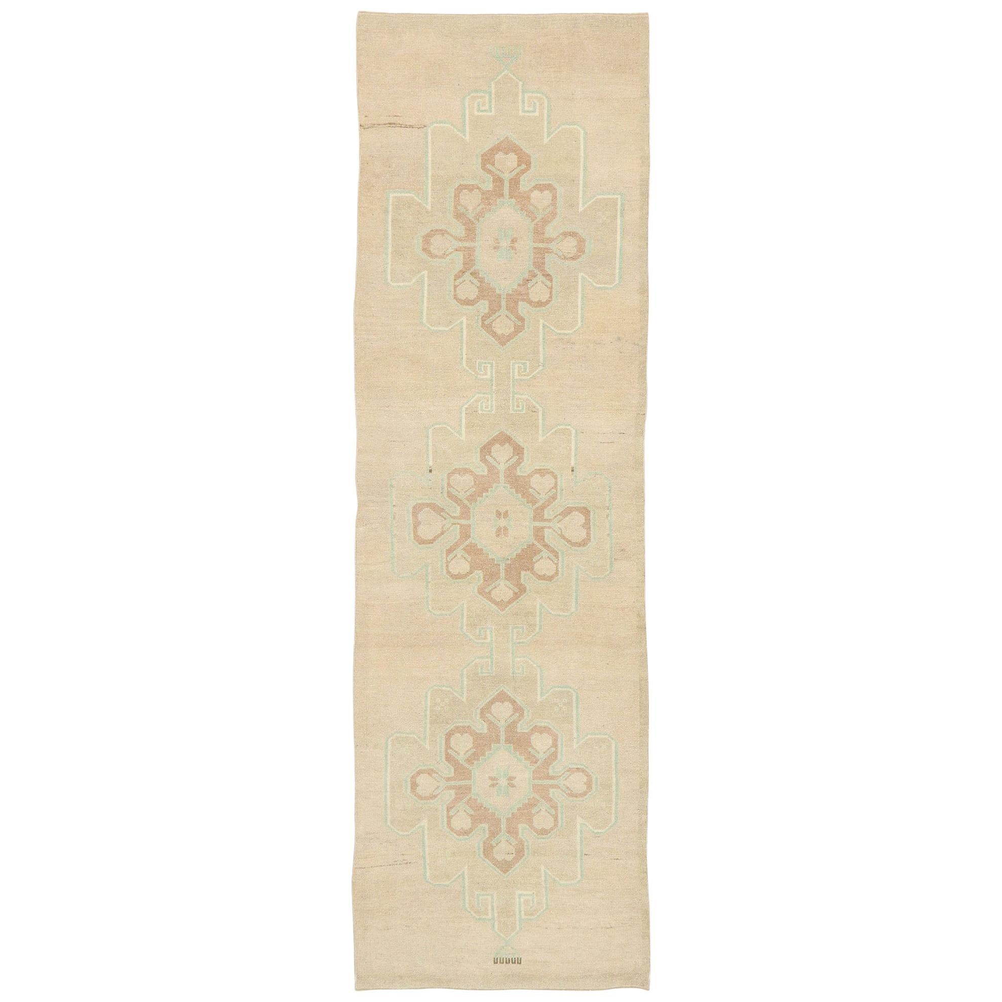 Vintage Turkish Oushak Runner with Romantic French Country Cottage Style For Sale