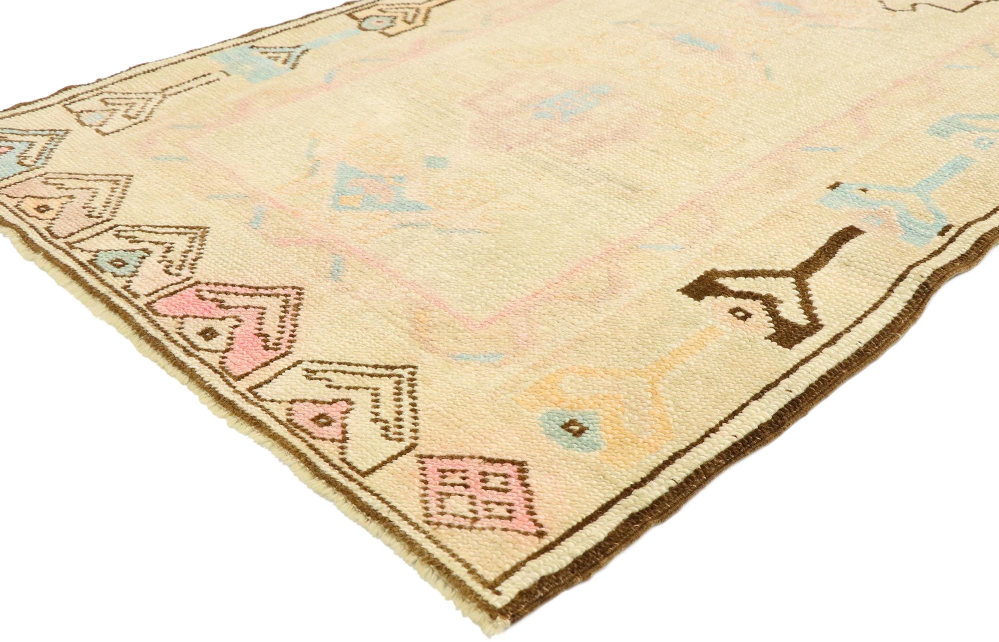 52927, vintage Turkish Oushak runner with Romantic Georgian Cottage French style 03'00 x 09'07. Soft, bespoke vibes meet English Country Cottage style in this hand knotted wool vintage Turkish Oushak hallway runner. The champagne-beige antique