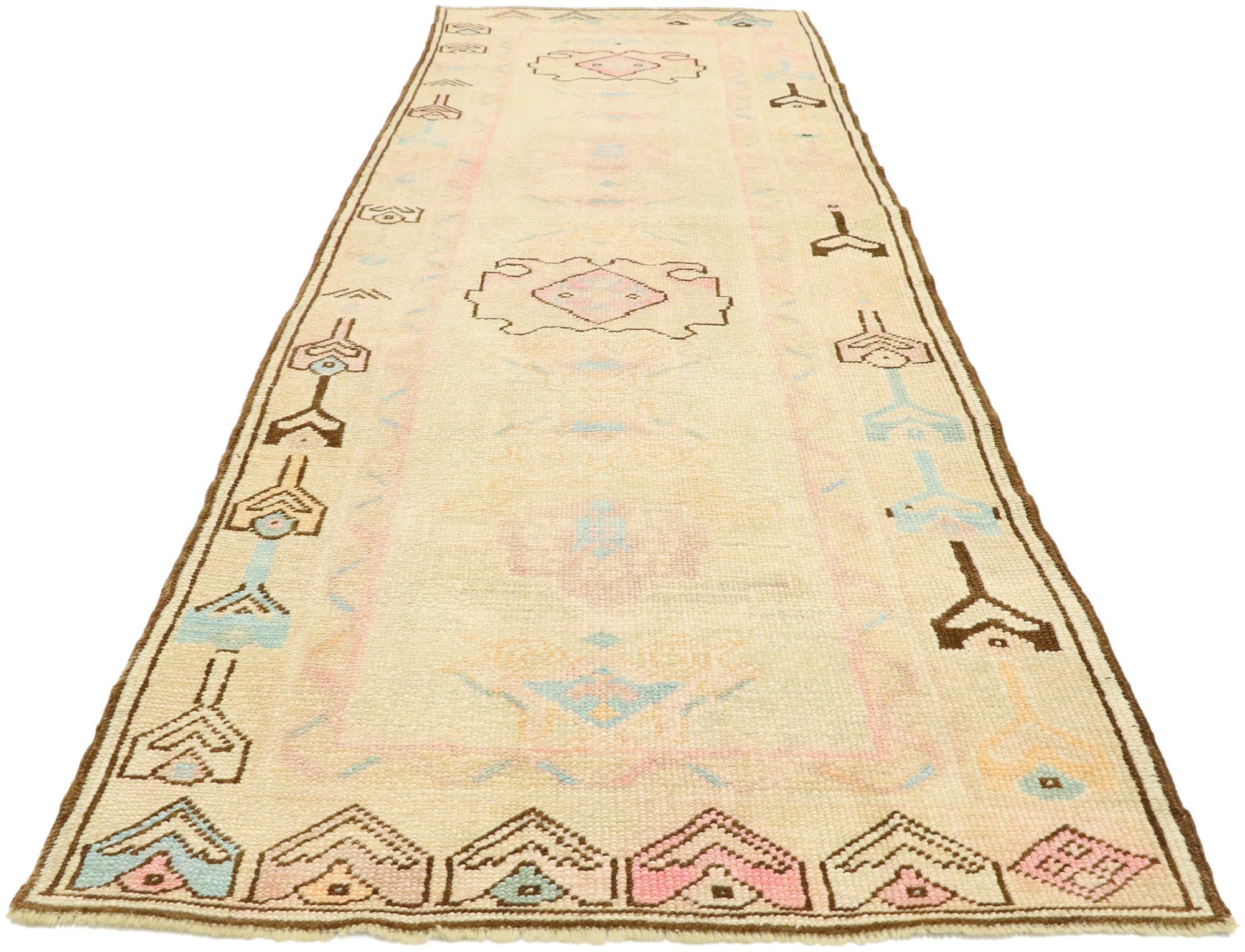Hand-Knotted Vintage Turkish Oushak Runner with Romantic Georgian Cottage French Style For Sale