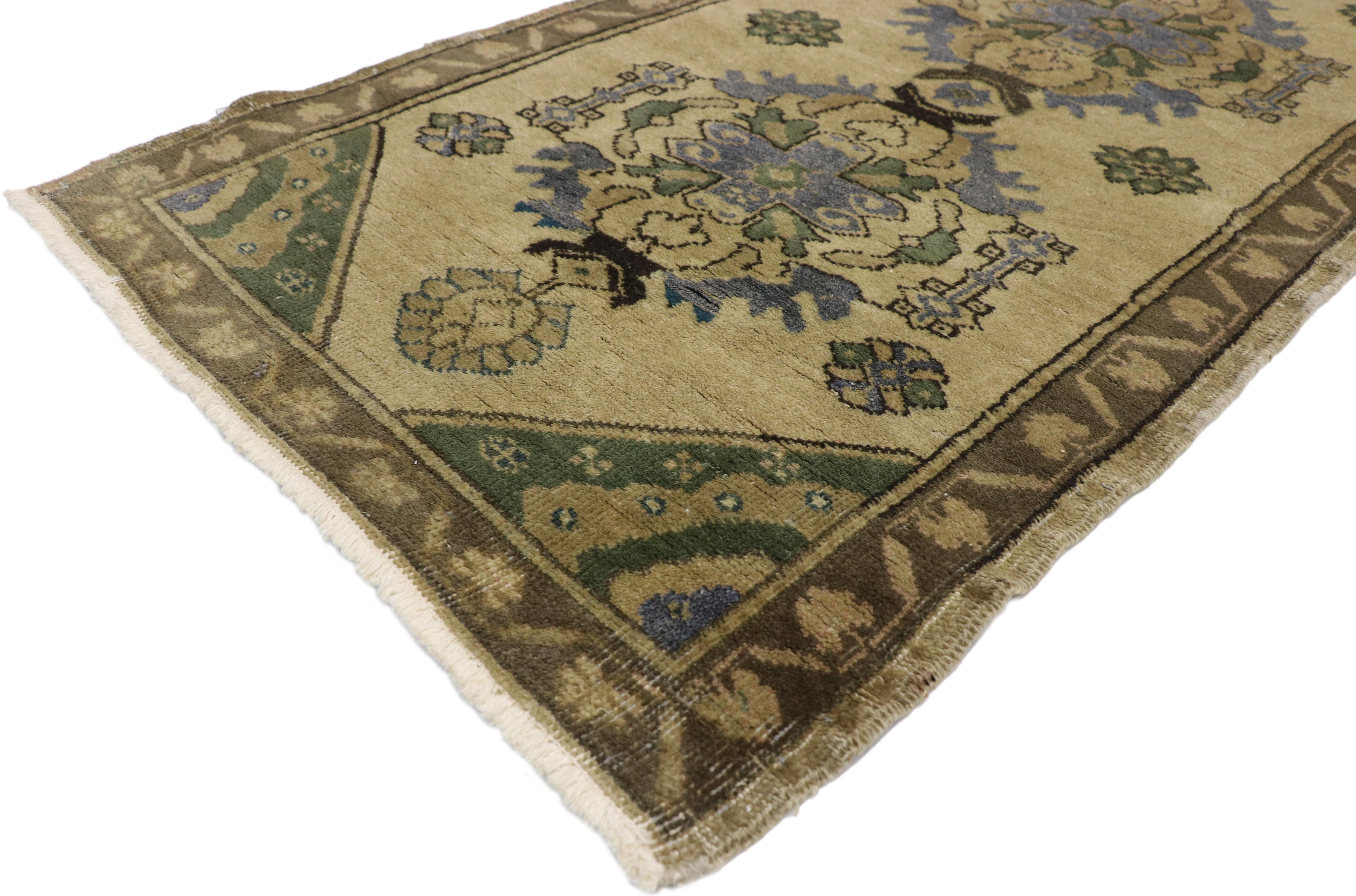 50345, Vintage Turkish Oushak Runner with Romantic Georgian Style, hallway runner. This hand-knotted wool vintage Turkish Oushak runner features six open medallions anchored with palmette pendants at either end and the ecru field is dotted with