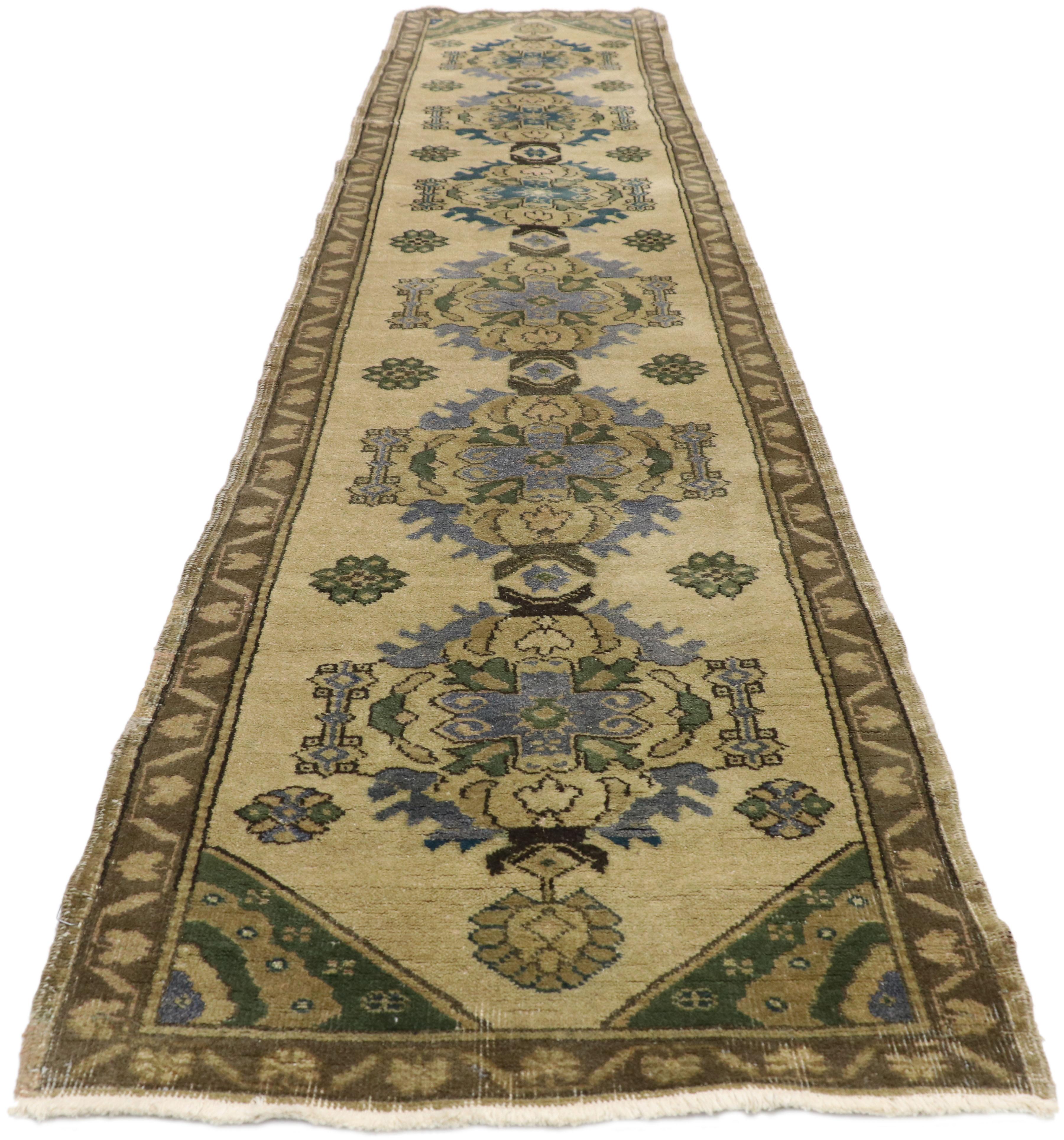 Hand-Knotted Vintage Turkish Oushak Runner with Romantic Georgian Style For Sale