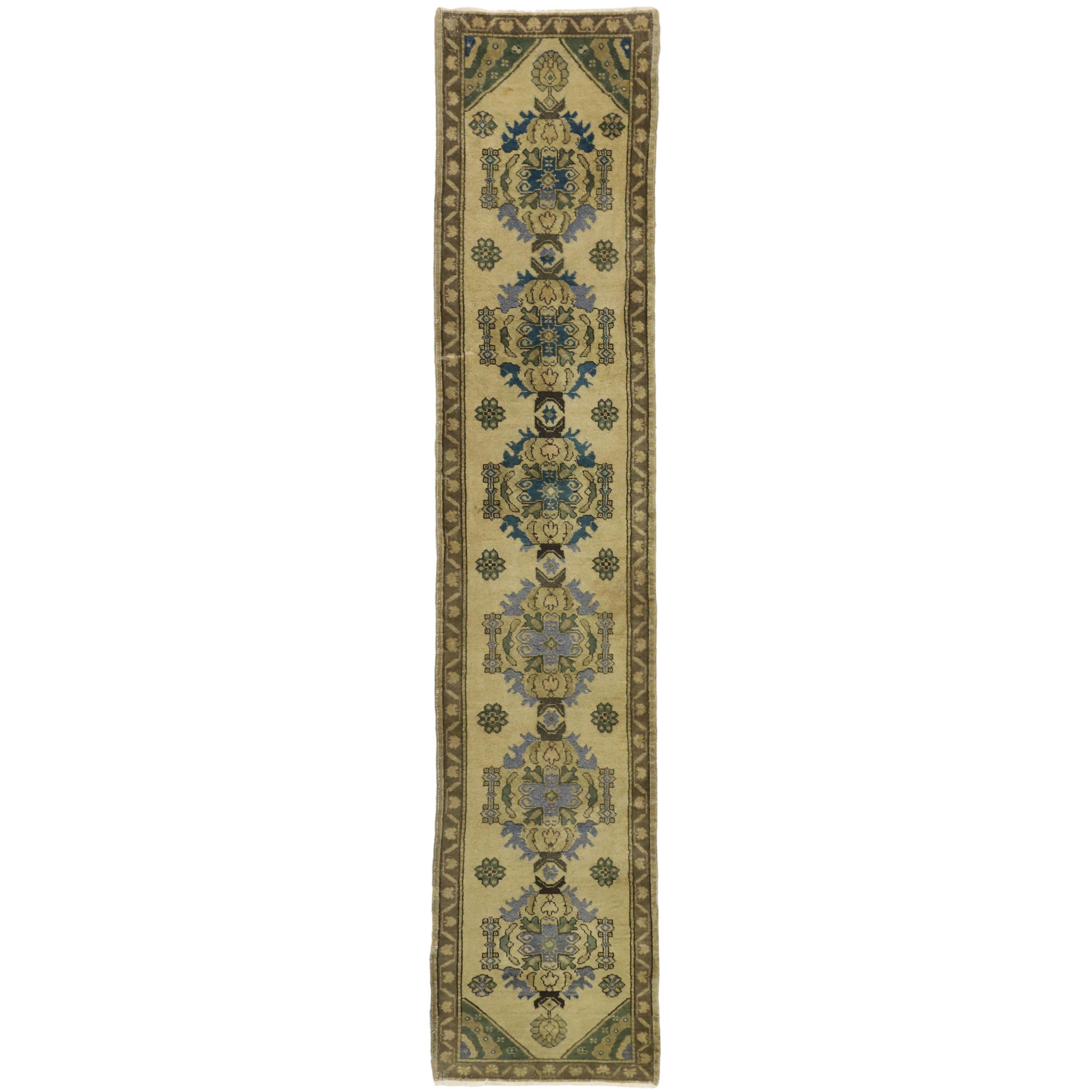 Vintage Turkish Oushak Runner with Romantic Georgian Style For Sale