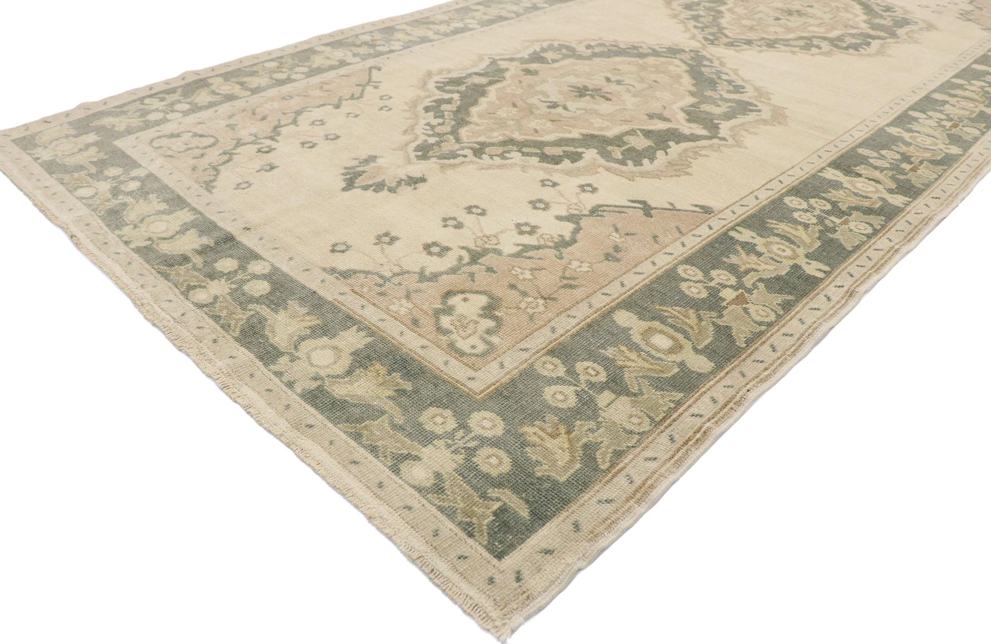 53524, vintage Turkish Oushak runner with romantic Swedish Rococo style 05'01 x 10'04. Take a timeless, tailored design, mix in a dash of romantic connotations and antique-washed colors to get this fresh look that’s as comfortable as it is chic.