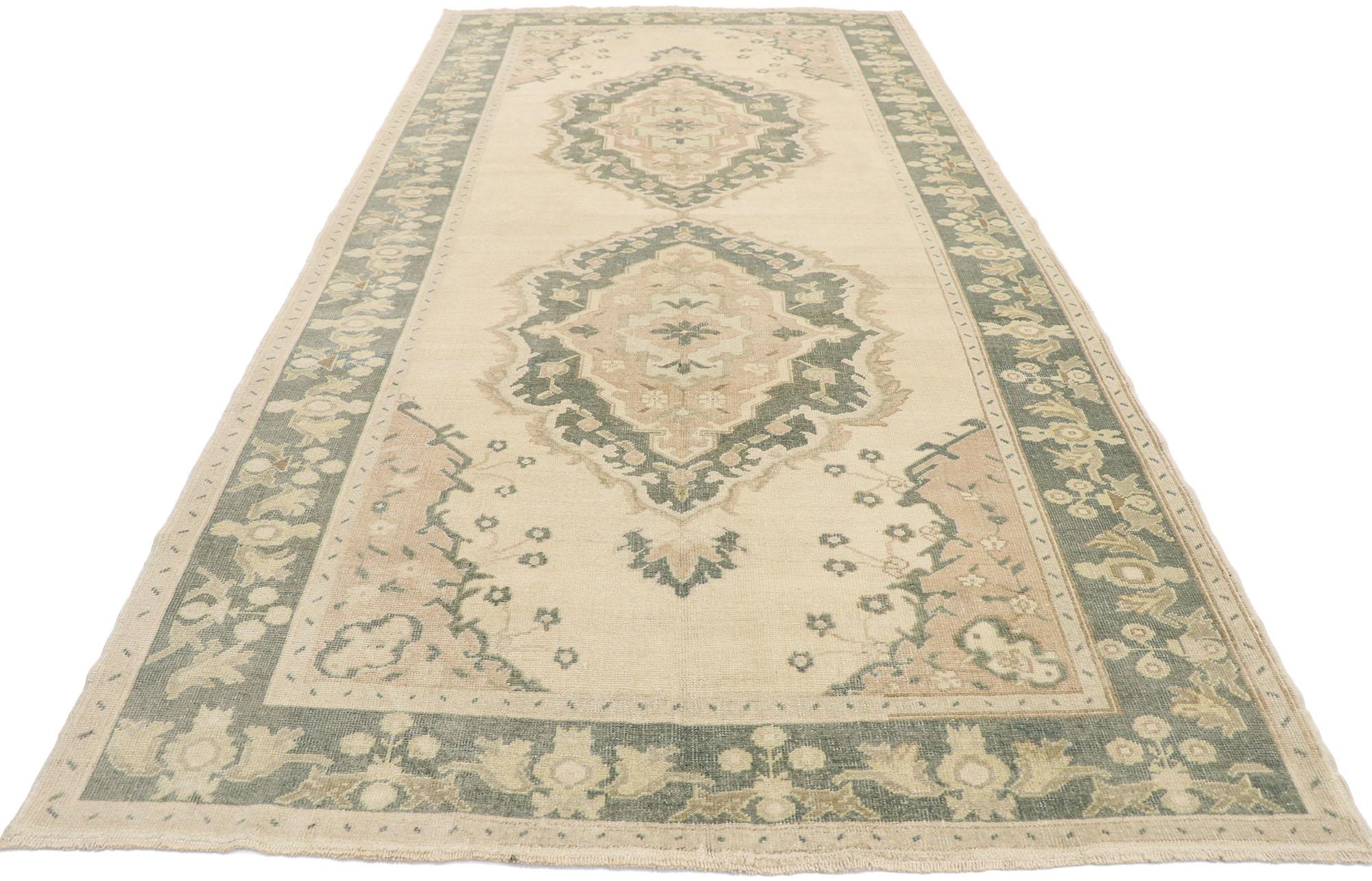 Hand-Knotted Vintage Turkish Oushak Runner with Romantic Swedish Rococo Style For Sale