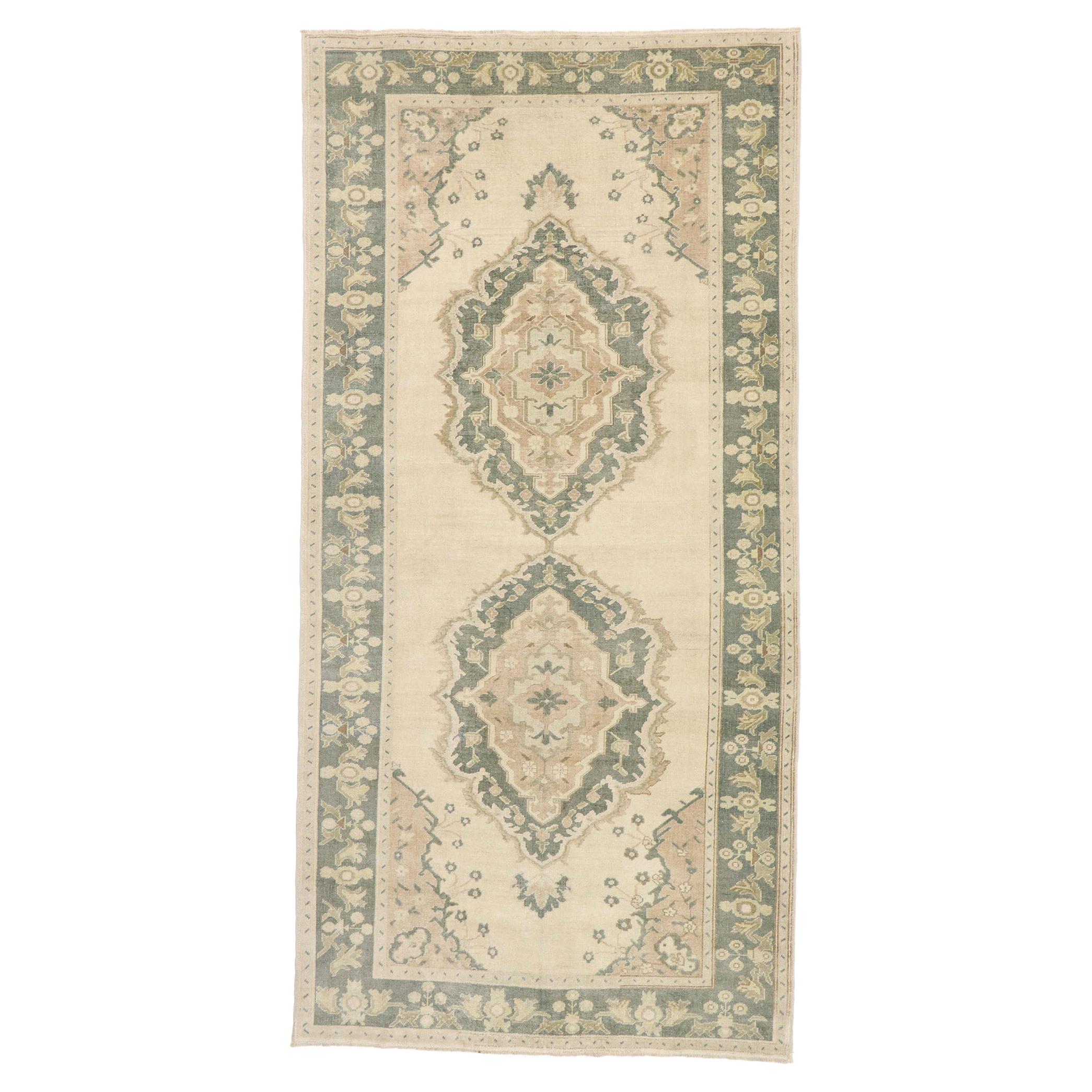 Vintage Turkish Oushak Runner with Romantic Swedish Rococo Style For Sale