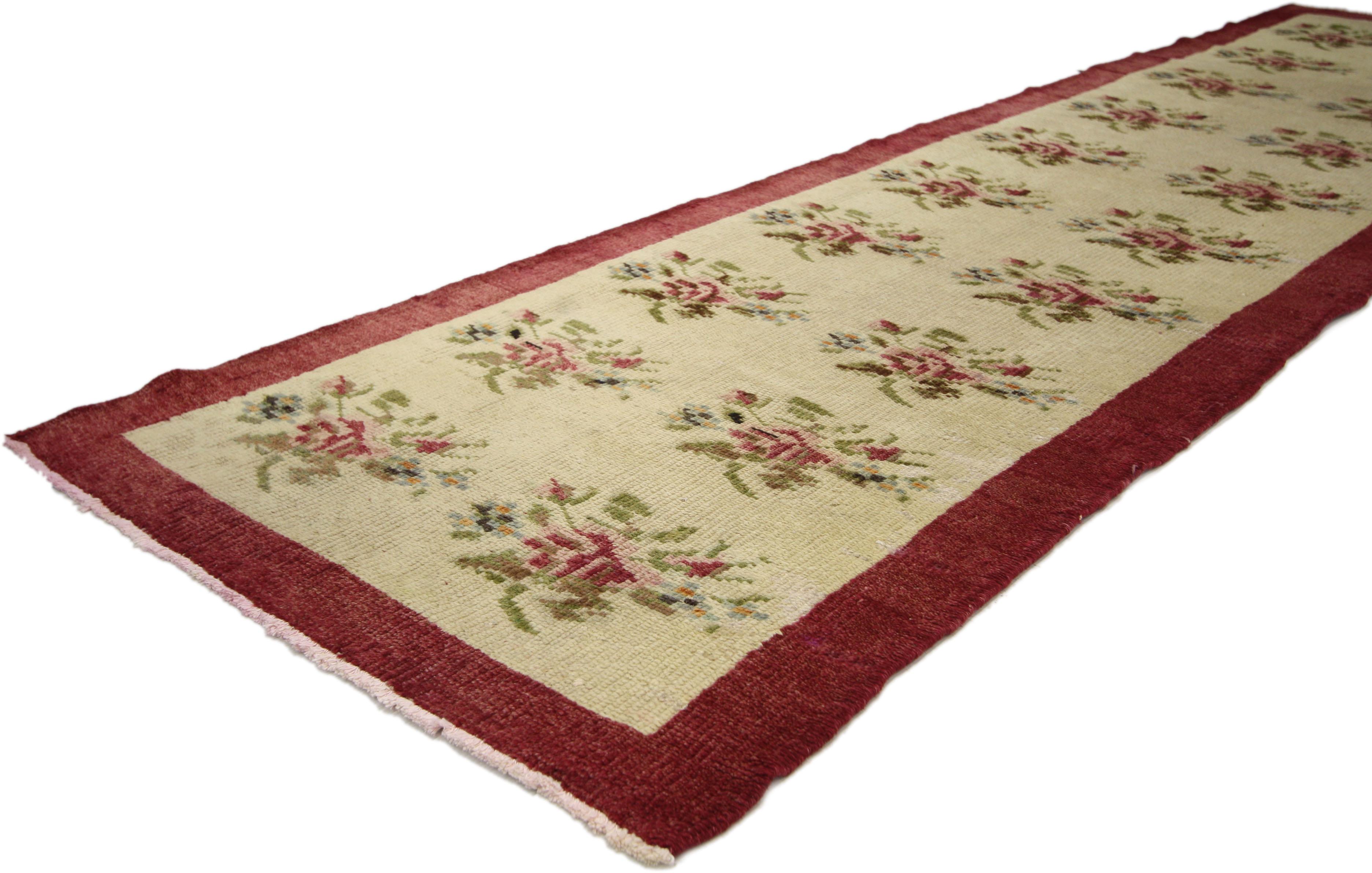 Hand-Knotted Vintage Turkish Oushak Runner with Rose Bouquets, Narrow Hallway Runner For Sale