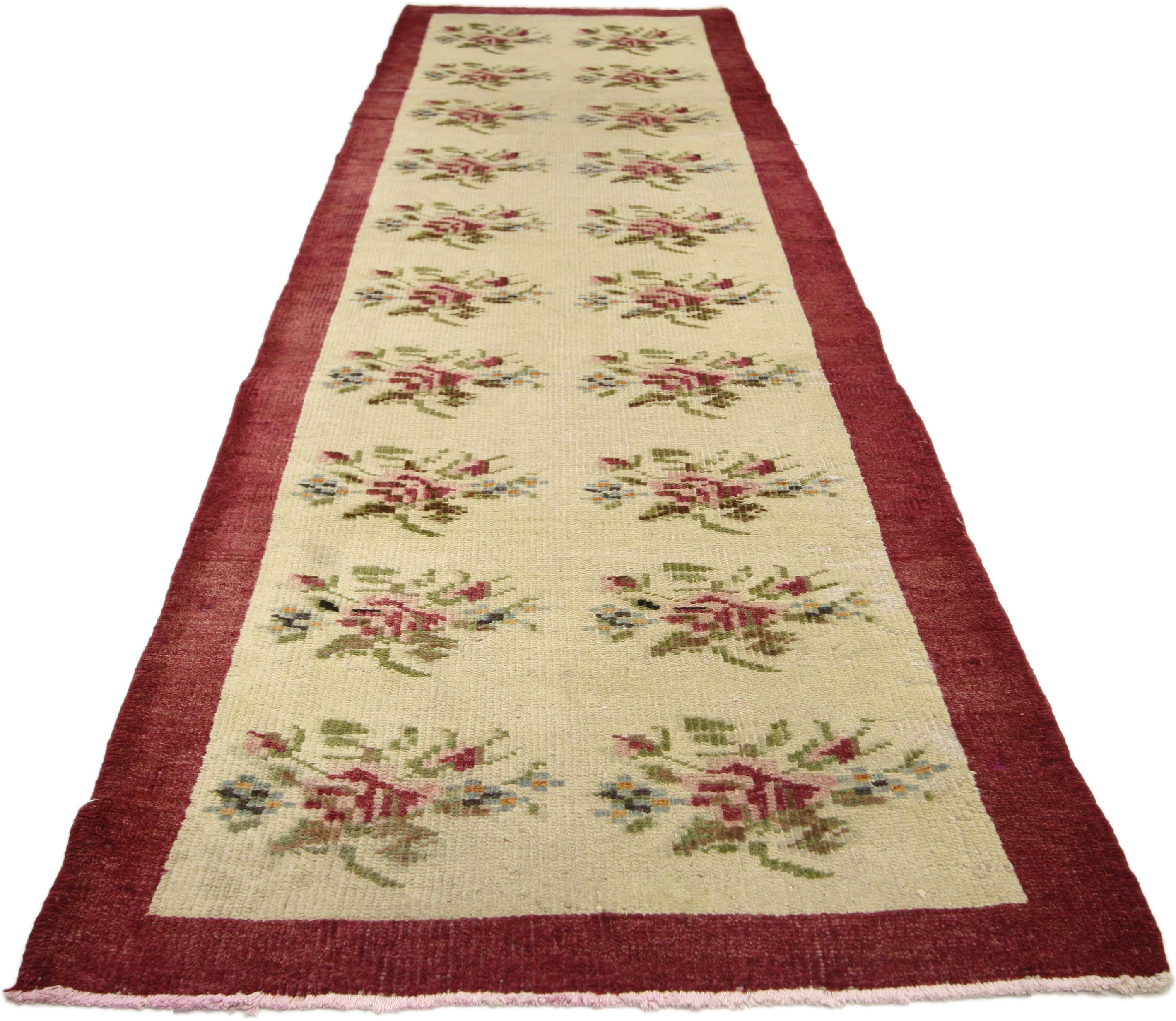Vintage Turkish Oushak Runner with Rose Bouquets, Narrow Hallway Runner In Good Condition For Sale In Dallas, TX