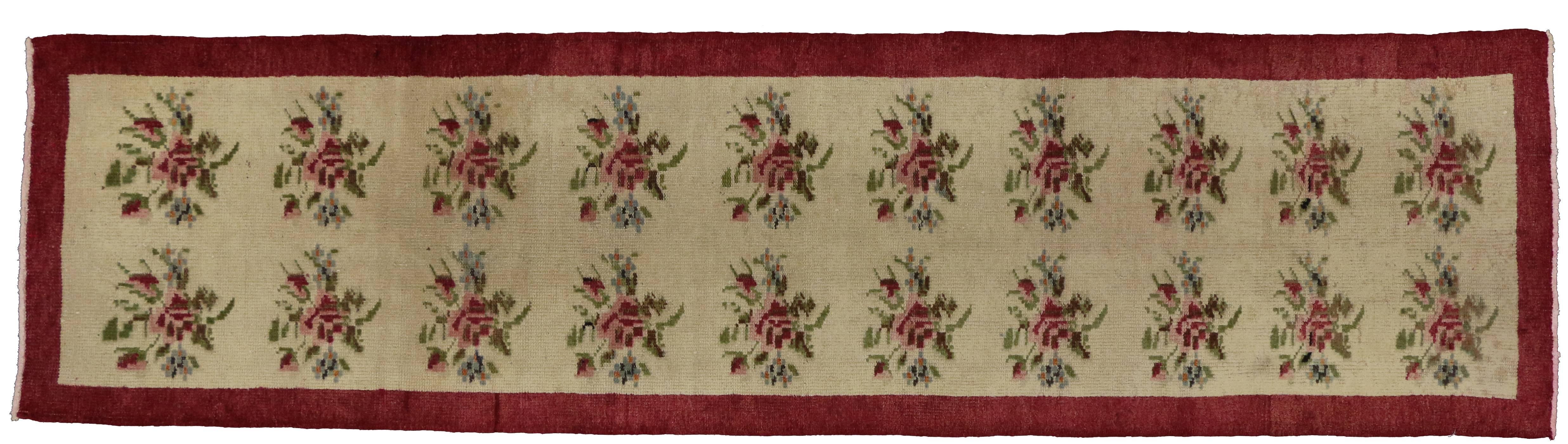 Wool Vintage Turkish Oushak Runner with Rose Bouquets, Narrow Hallway Runner For Sale