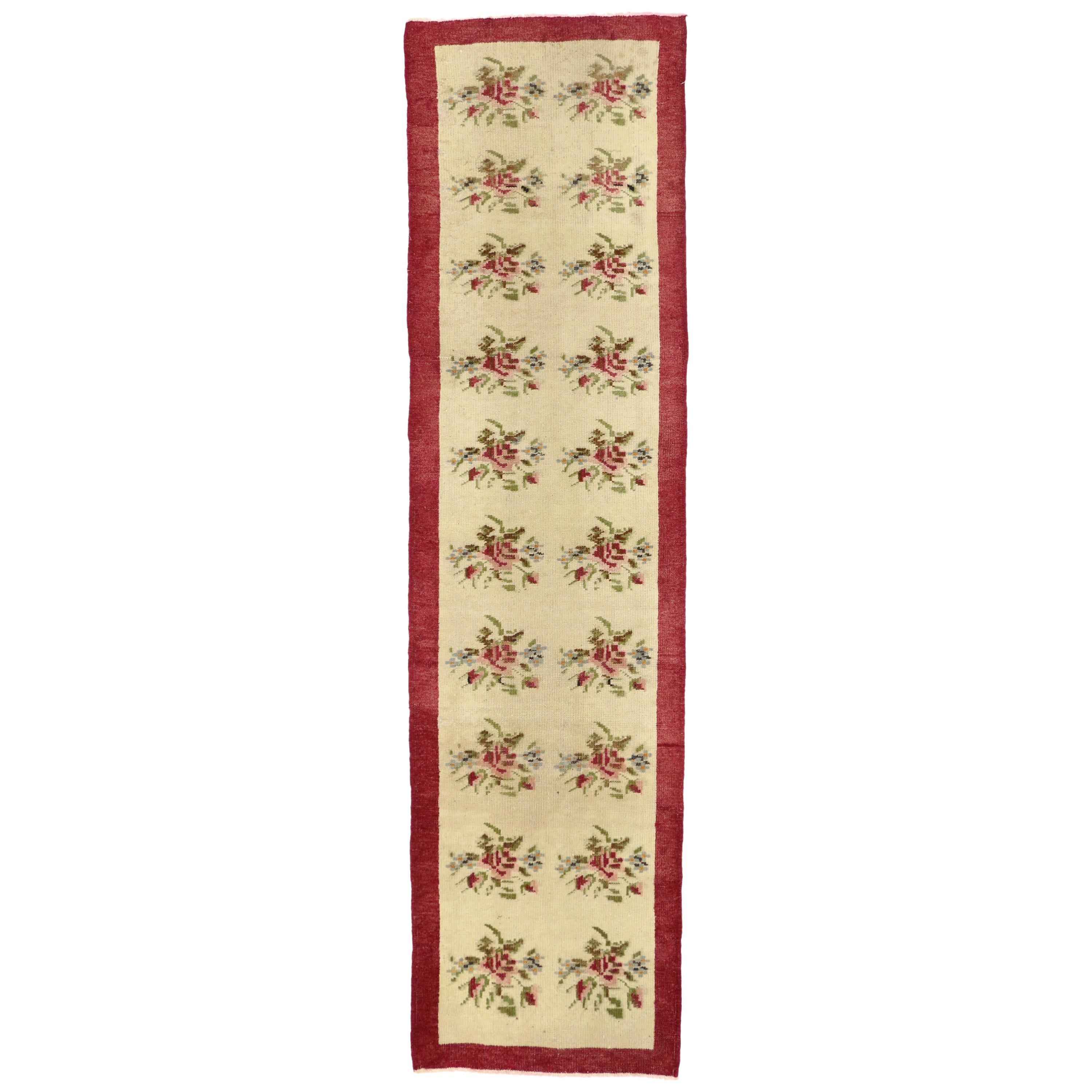 Vintage Turkish Oushak Runner with Rose Bouquets, Narrow Hallway Runner For Sale