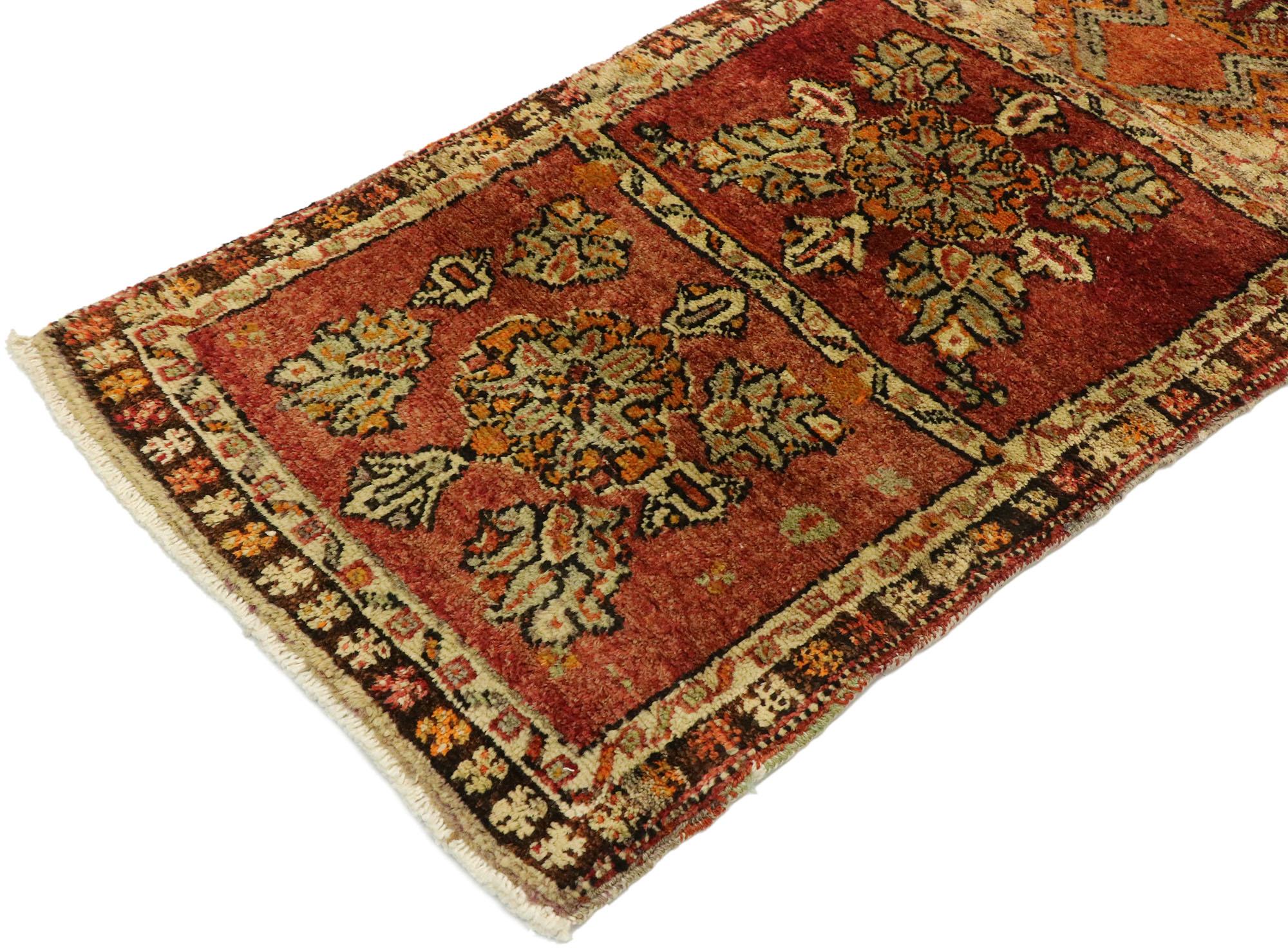 53095, vintage Turkish Oushak runner with Rustic Arts & Crafts style. The architectural elements of naturalistic forms combined with Arts & Crafts style, this hand knotted wool vintage Turkish Oushak astounds with its beauty. The rich abrash and