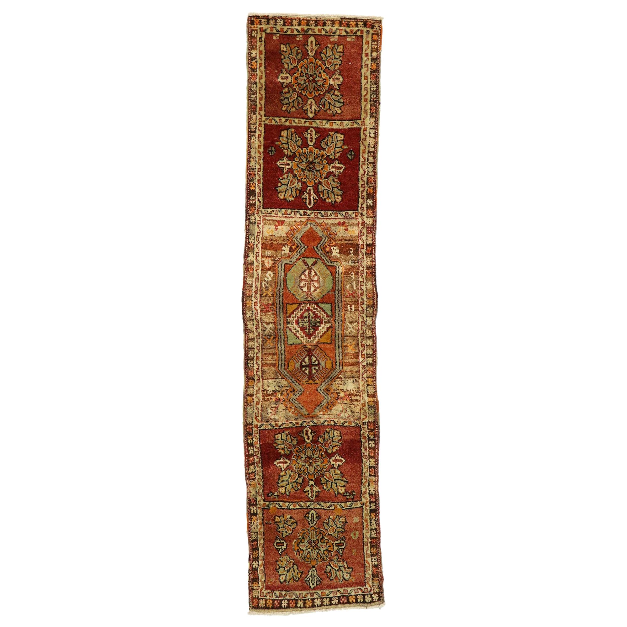 Vintage Turkish Oushak Runner with Rustic Arts & Crafts Style For Sale
