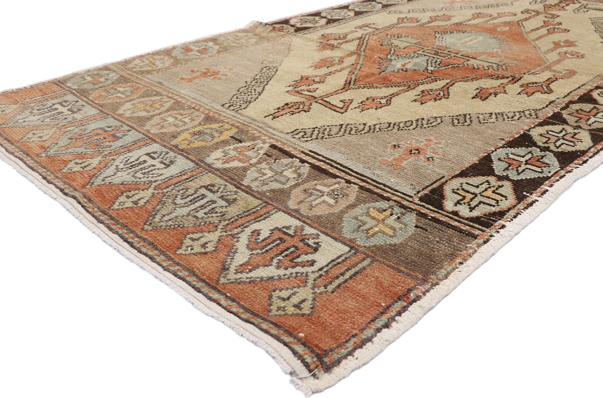 52711 Vintage Turkish Oushak Rug Runner, 03'07 x 11'07. 

Originating from the Oushak region in western Turkey, antique-washed Turkish Oushak rugs undergo a meticulous washing process designed to soften colors and introducing subtle variations that