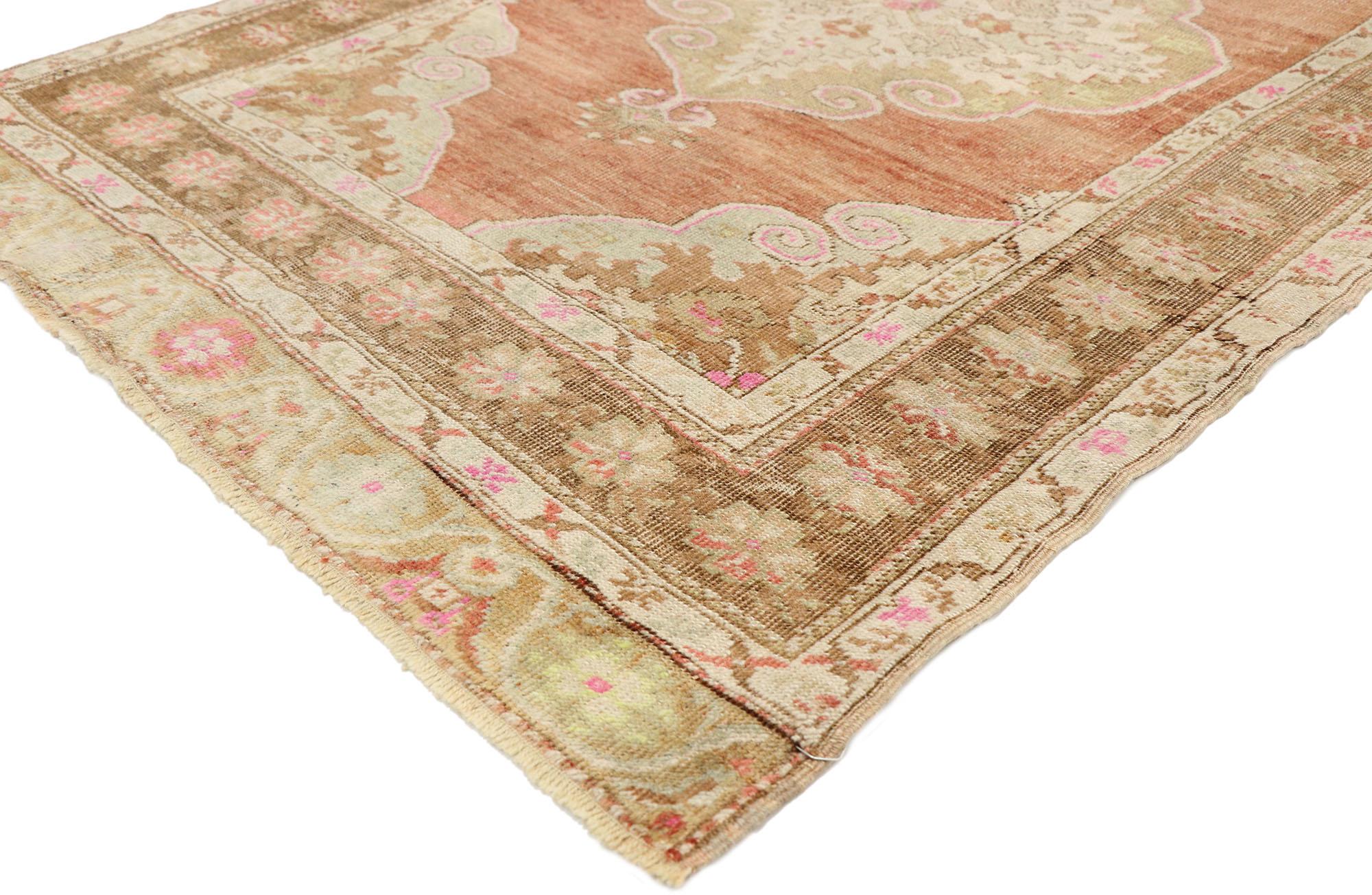 52979, vintage Turkish Oushak runner with Rustic Belgian style. With its understated elegance and rustic sensibility, this hand knotted wool vintage Turkish Oushak runner astounds with its beauty. The abrashed field features three botanical