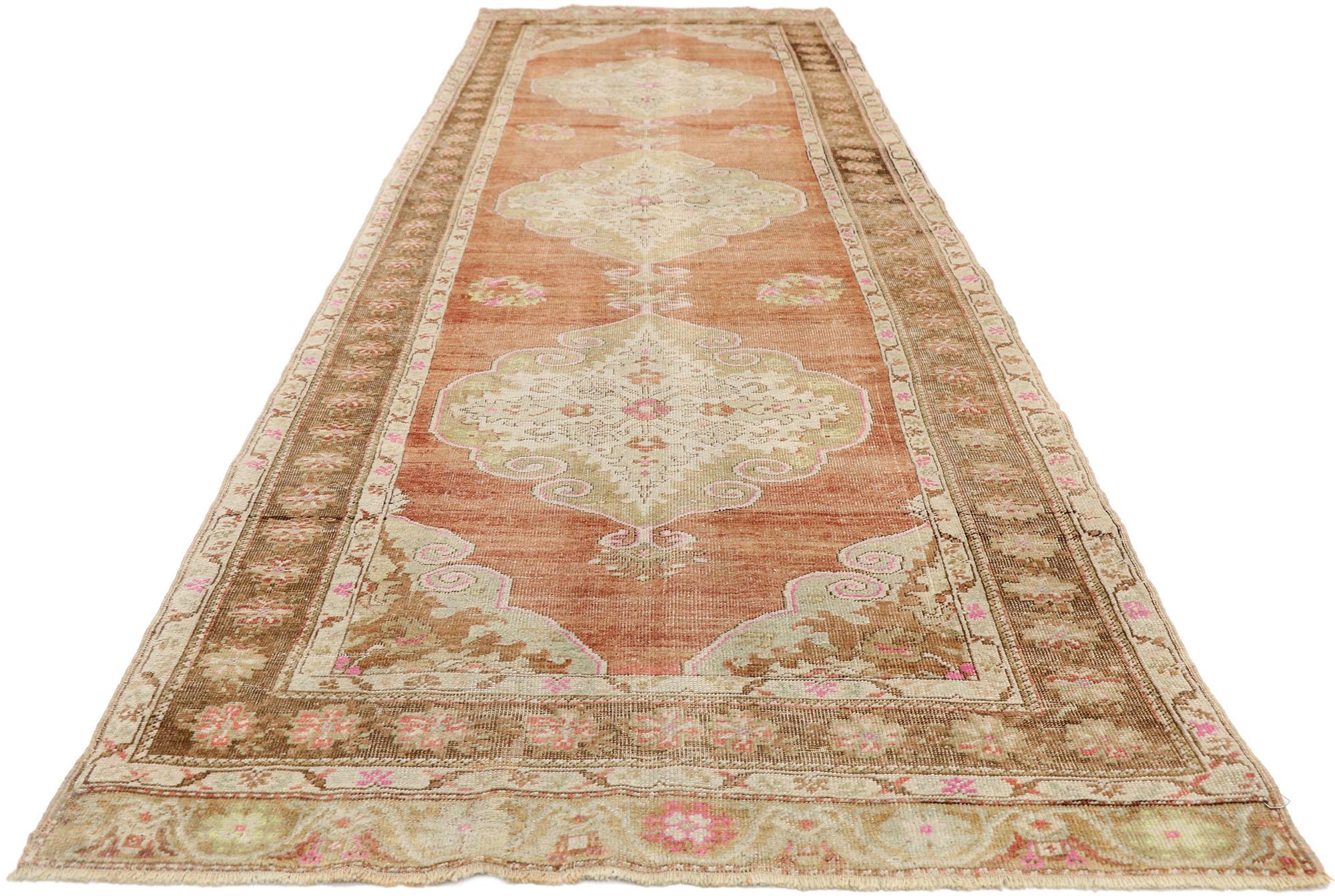 Hand-Knotted Vintage Turkish Oushak Runner with Rustic Belgian Style For Sale