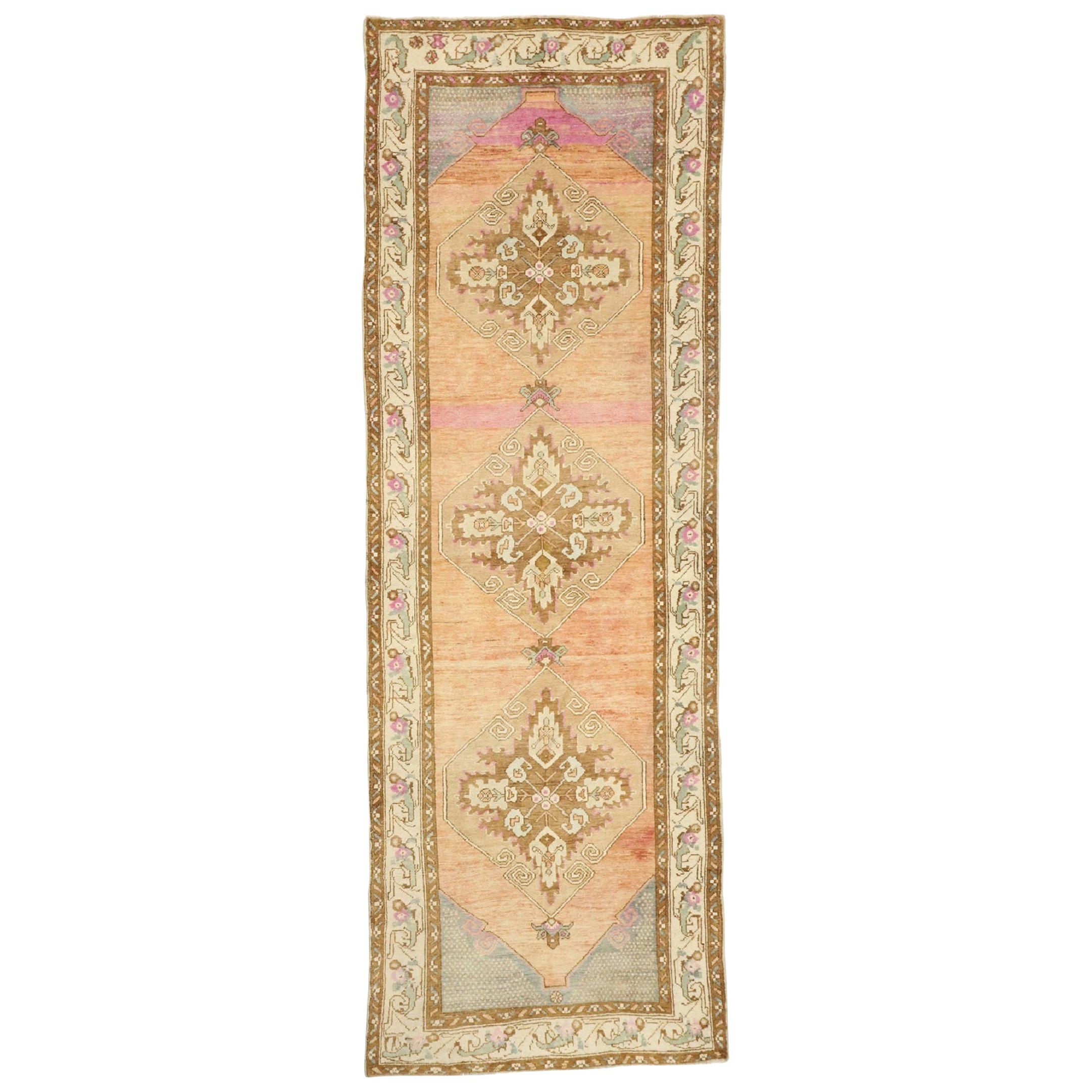 Antique Turkish Oushak Runner with Rustic Cottage Style, Wide Hallway ...