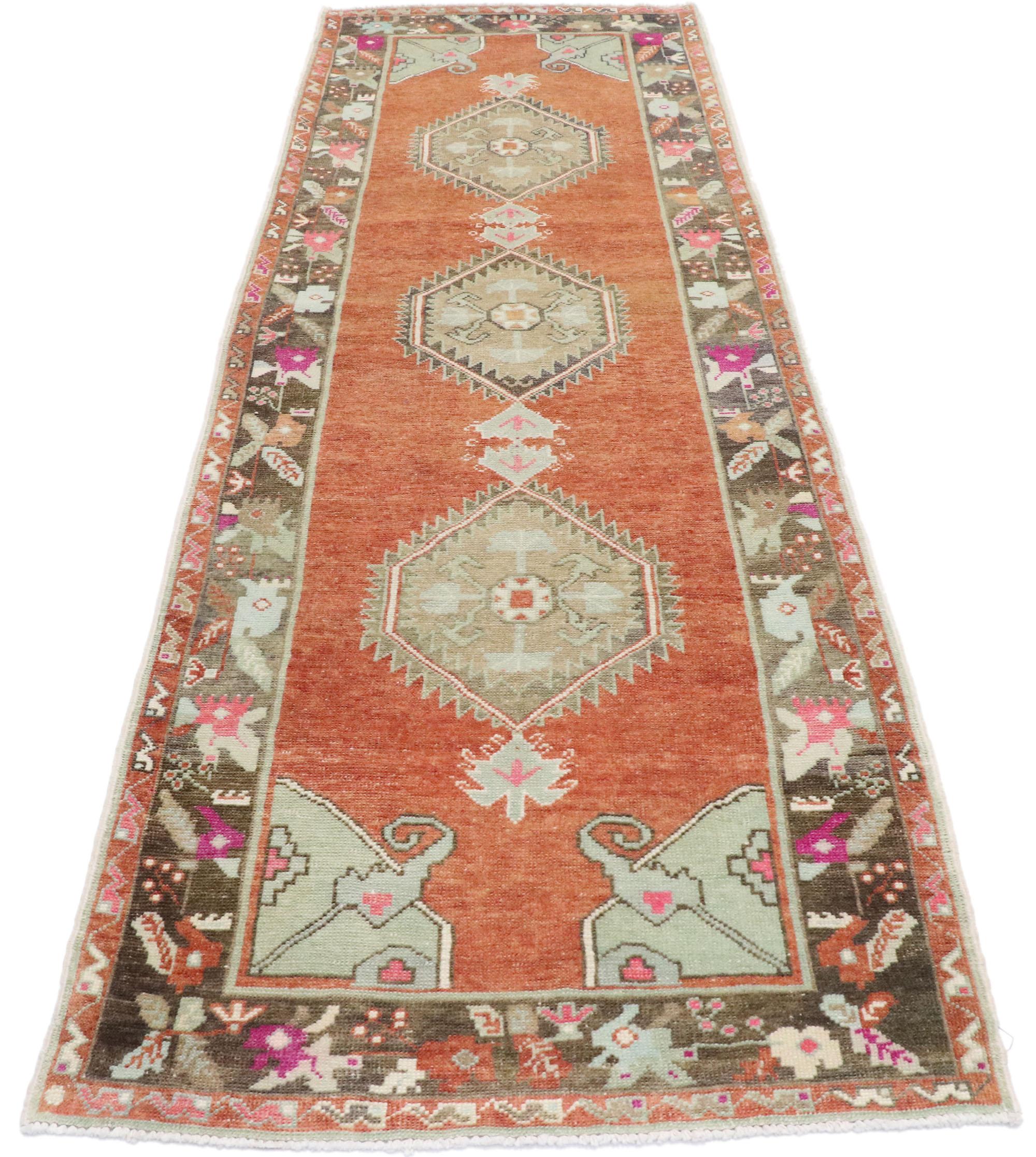 Hand-Knotted Vintage Turkish Oushak Runner with Rustic English Cottage Style For Sale