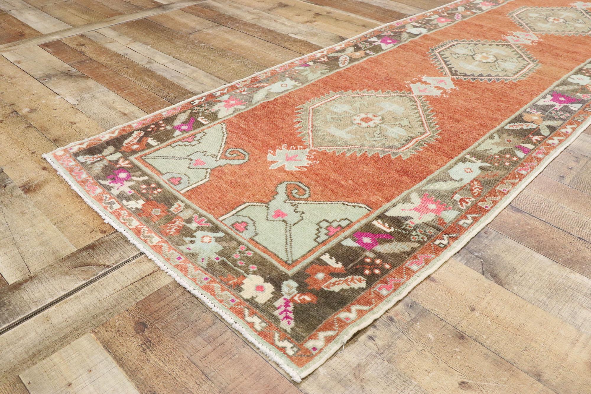 Wool Vintage Turkish Oushak Runner with Rustic English Cottage Style For Sale
