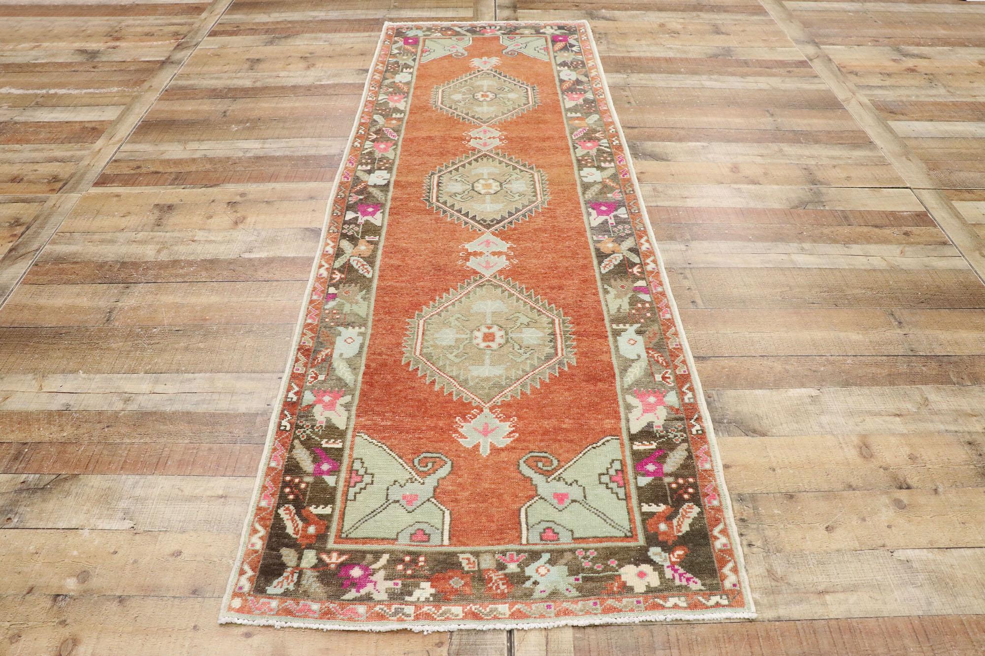 Vintage Turkish Oushak Runner with Rustic English Cottage Style For Sale 1