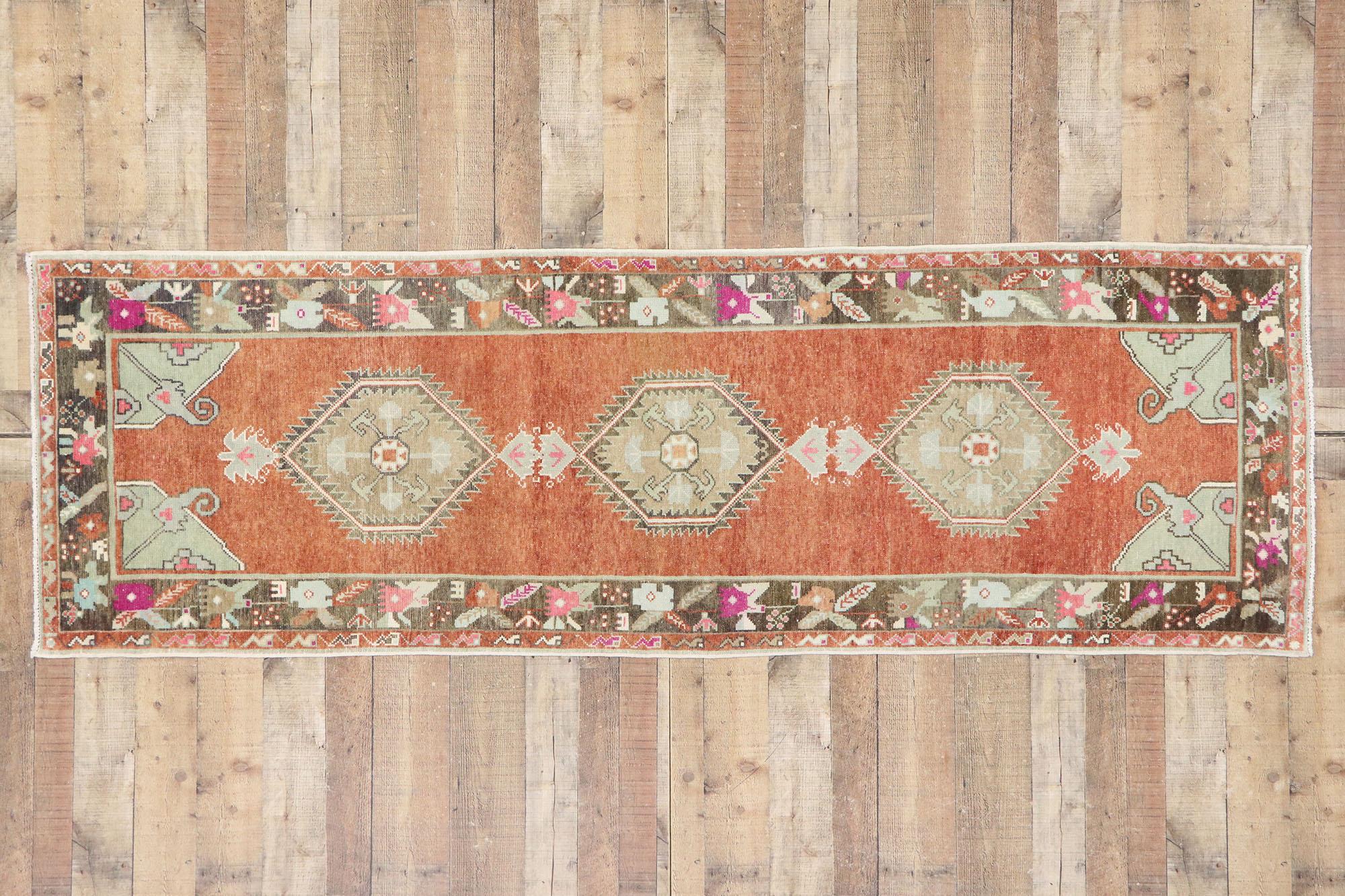 Vintage Turkish Oushak Runner with Rustic English Cottage Style For Sale 2