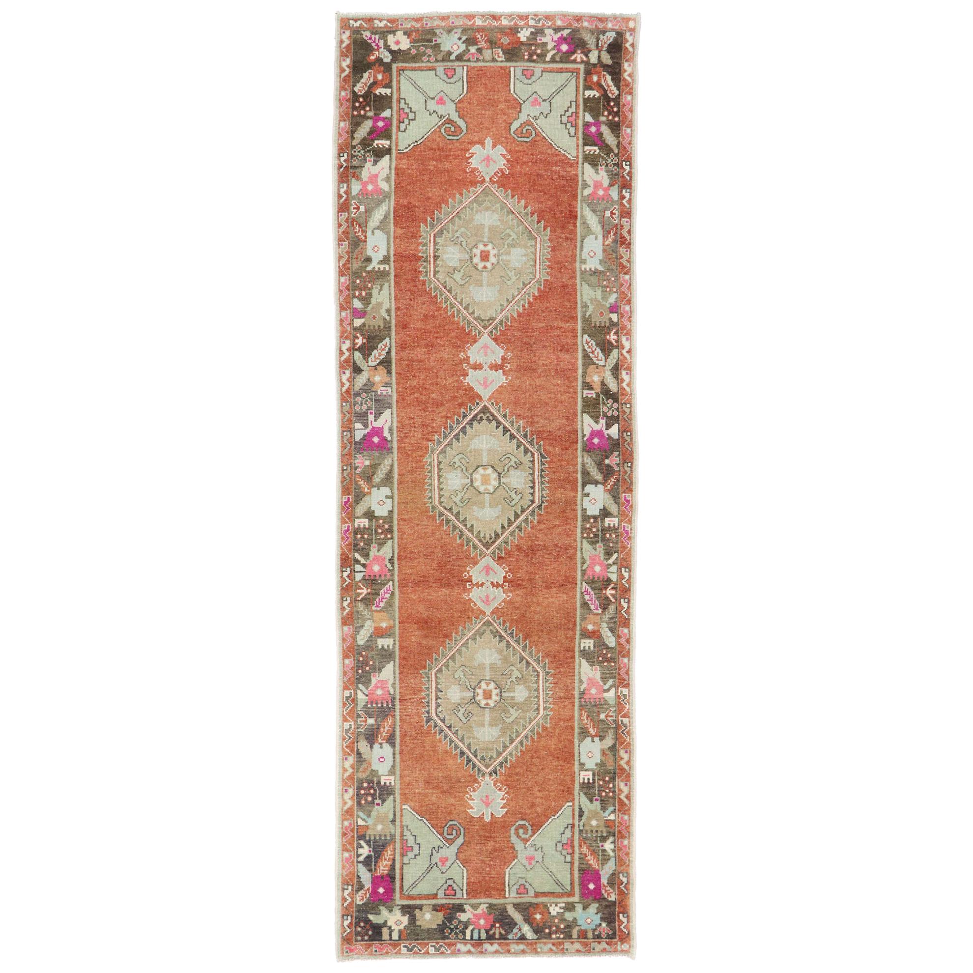 Vintage Turkish Oushak Runner with Rustic English Cottage Style For Sale