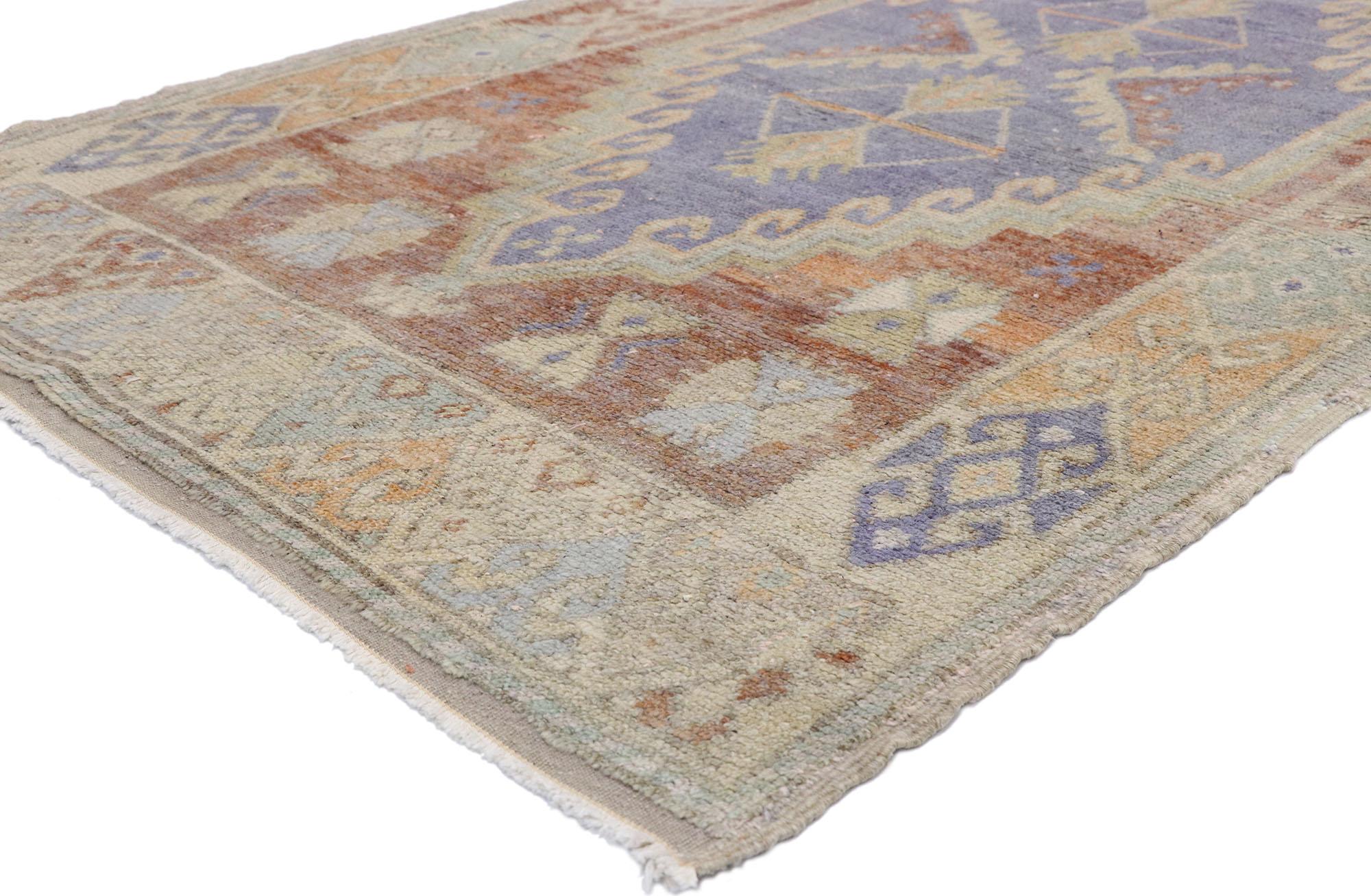 52740 vintage Turkish Oushak runner with rustic French and Georgian style 03'07 x 11'03. With its soft and delicate color palette and bold geometric form, this hand knotted wool vintage Turkish Oushak runner embodies both rustic French and Georgian